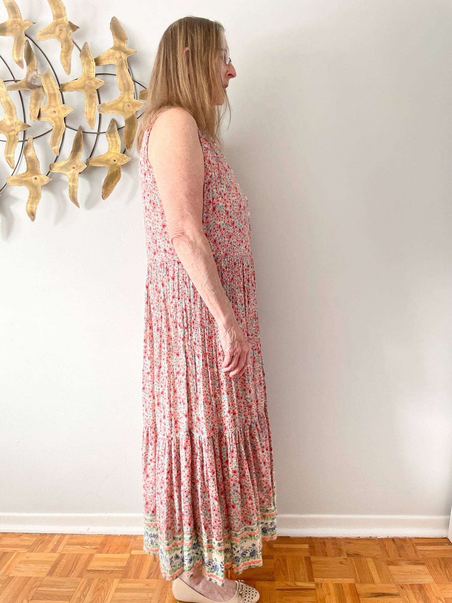 Style & Co Pink Micro Floral Boho Tiered Button Front Maxi Dress - Large