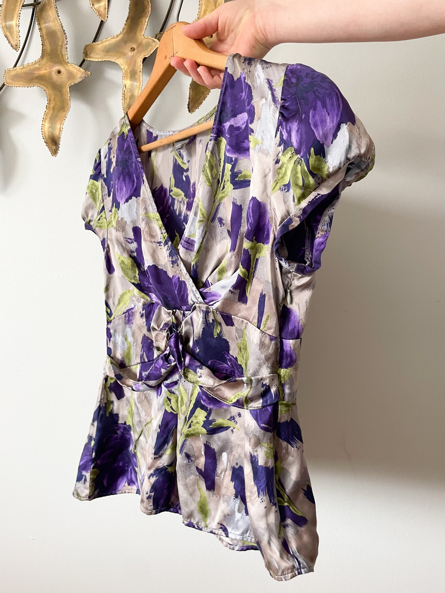 Ann Taylor Dark Purple Floral 100% Silk Wrap Style Top - Size 12 Petite