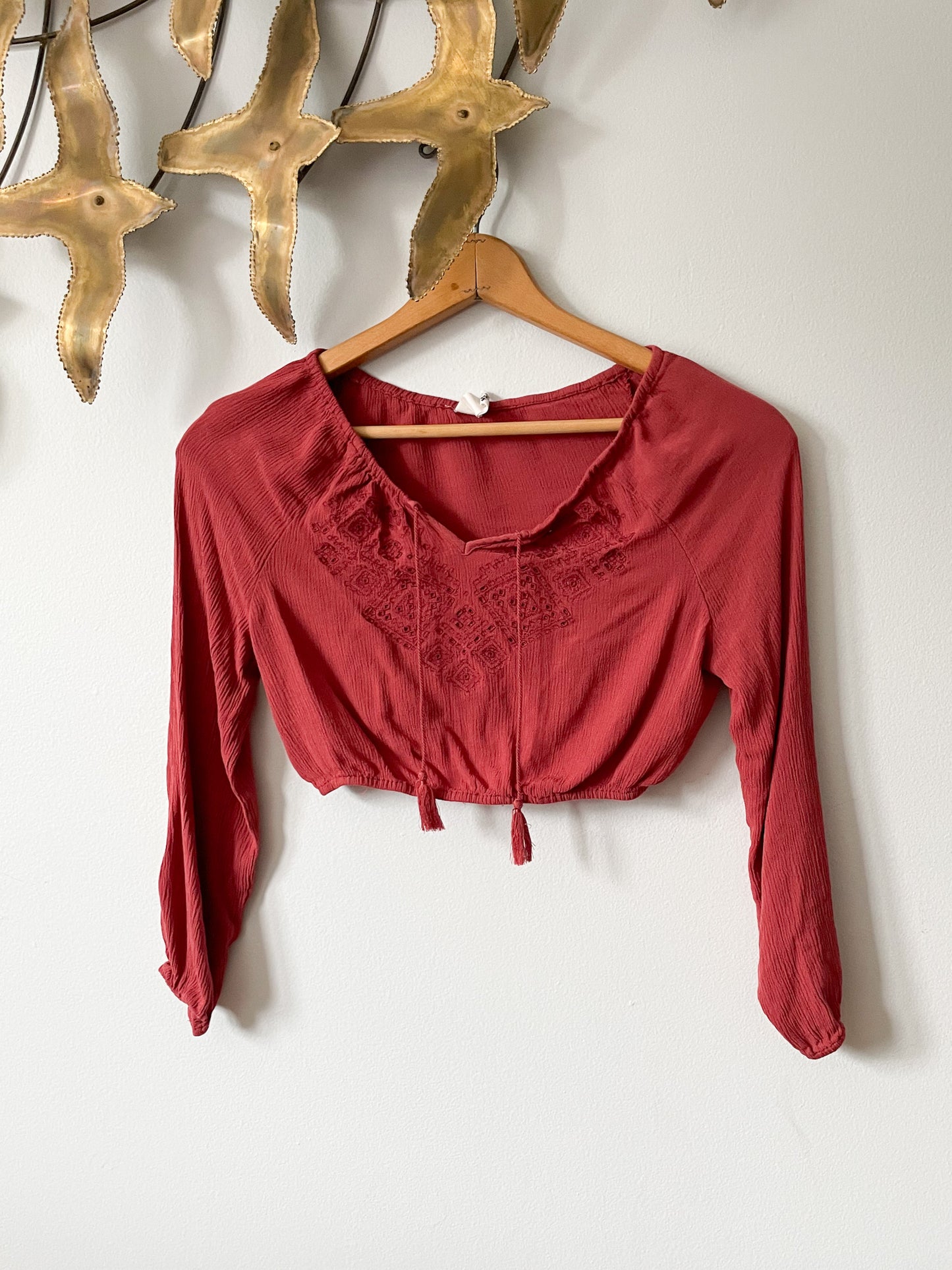 Tokyo Darling Rust Red Cropped Boho Tassel Embroidered Top - XS/S