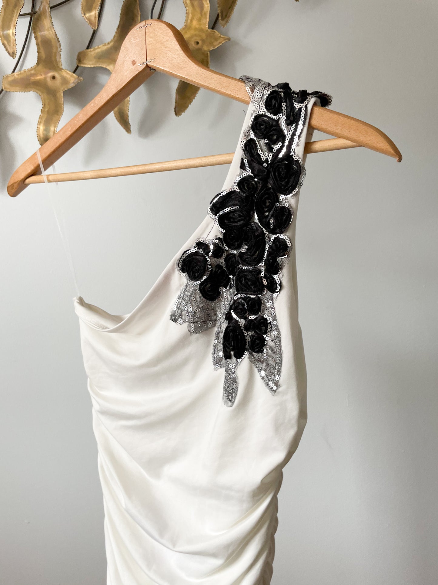 Eva & Lola White Rouched Bodycon One Shoulder Black Rosette Sequin Mini Dress - S/M