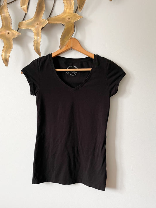 Smart Set Black Cotton Stretch V-Neck T-Shirt - Small