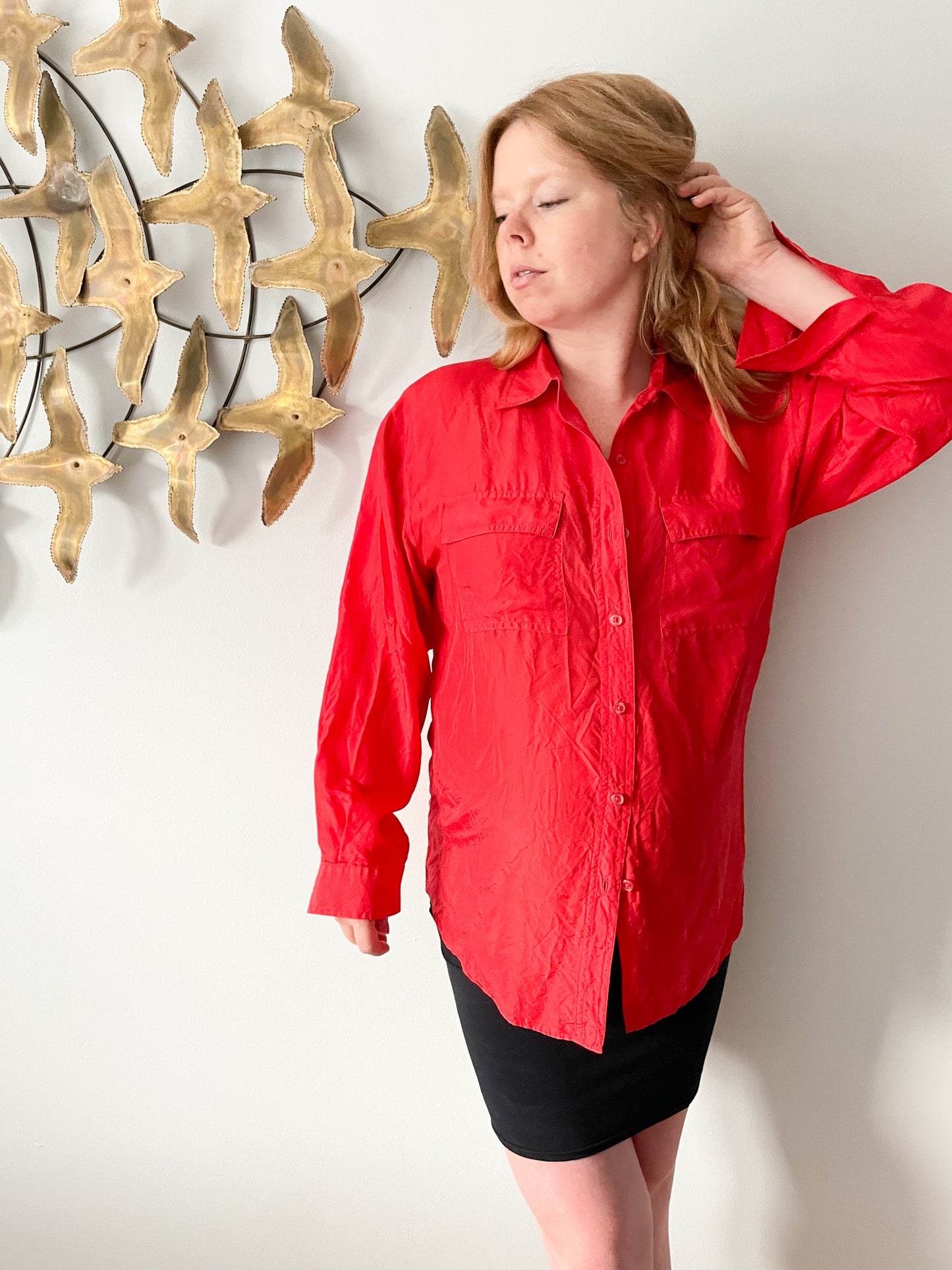 Vintage HER Red 100% Silk Button Down Blouse - Large