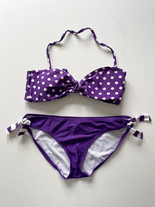 South Coast Purple White Polkadot Stripe Bandeau Bikini 2-Piece Set - Large