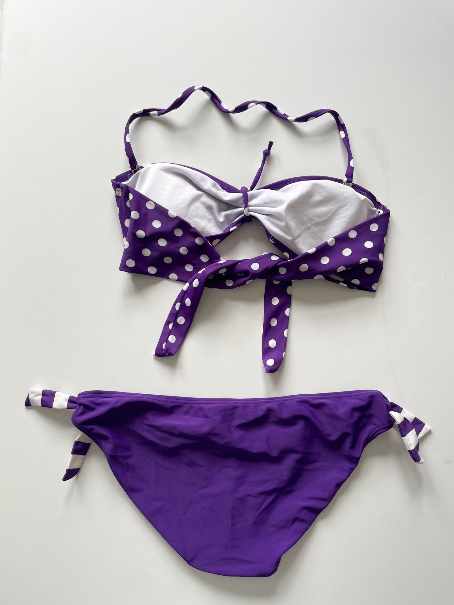 South Coast Purple White Polkadot Stripe Bandeau Bikini 2-Piece Set - Large