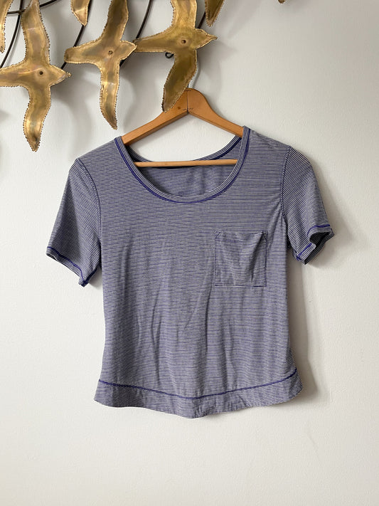 Lululemon Blue Purple Stripe Cropped Back Athletic T-Shirt Top - Small