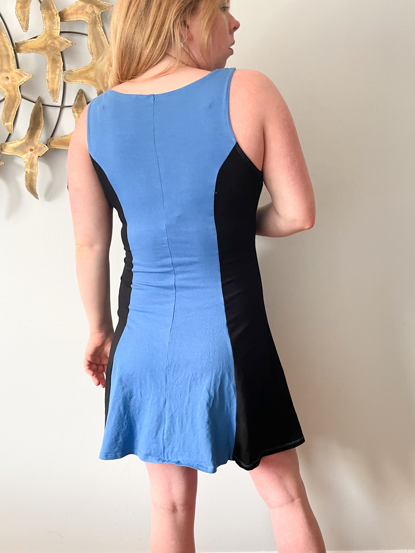 Blue Black A-Line Stretch Cotton Jersey Sleeveless Dress - M/L