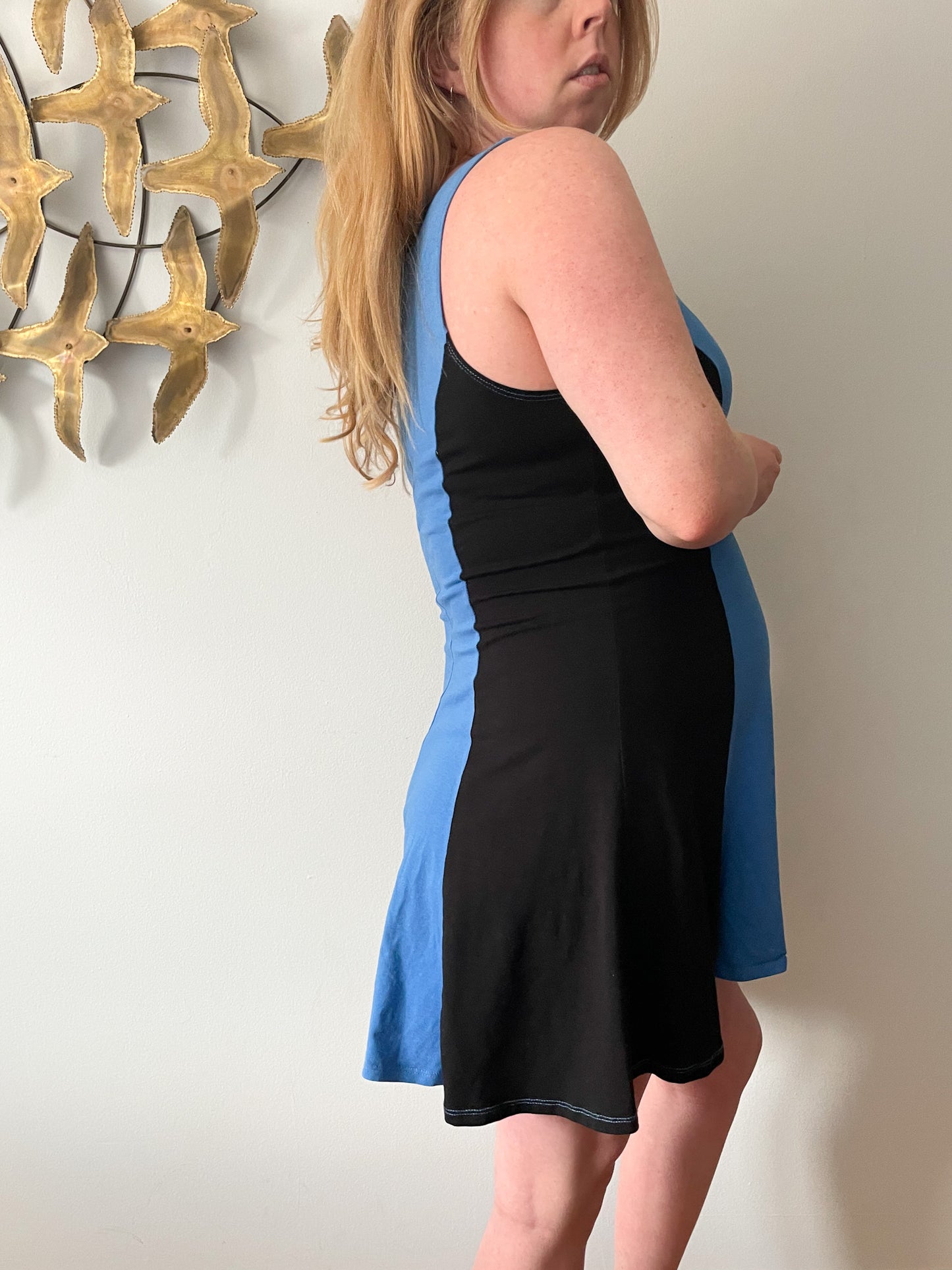 Blue Black A-Line Stretch Cotton Jersey Sleeveless Dress - M/L