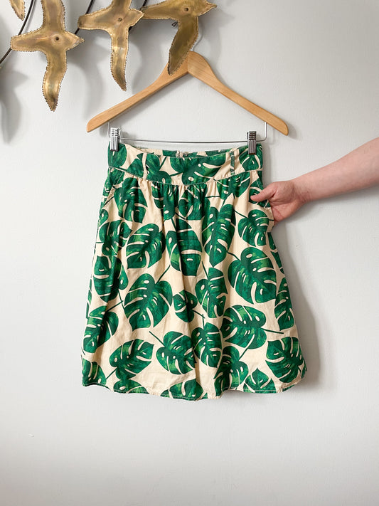 Vero Moda Green Monstera Plant Print Cotton Knee Length Skirt - Small