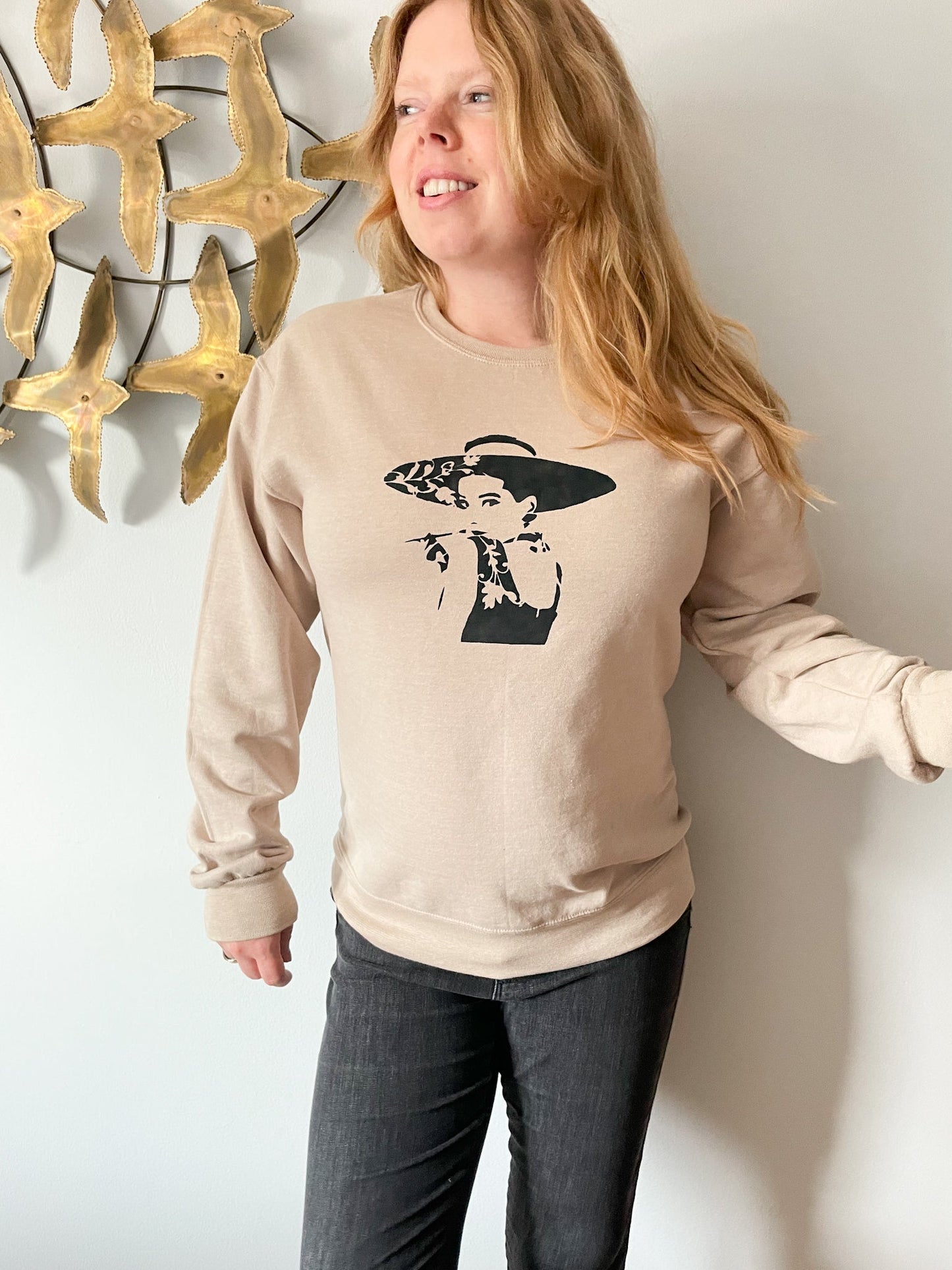 Upcycled Beige Graphic Audrey Hepburn Fleece Lined Crew Neck Sweater - S/M