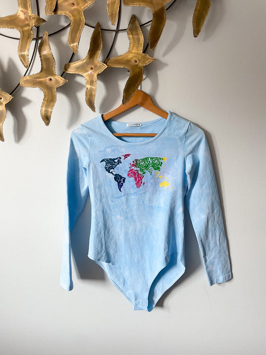 Upcycled Mangopop Light Blue Watercolour Map Long Sleeve Bodysuit - Medium