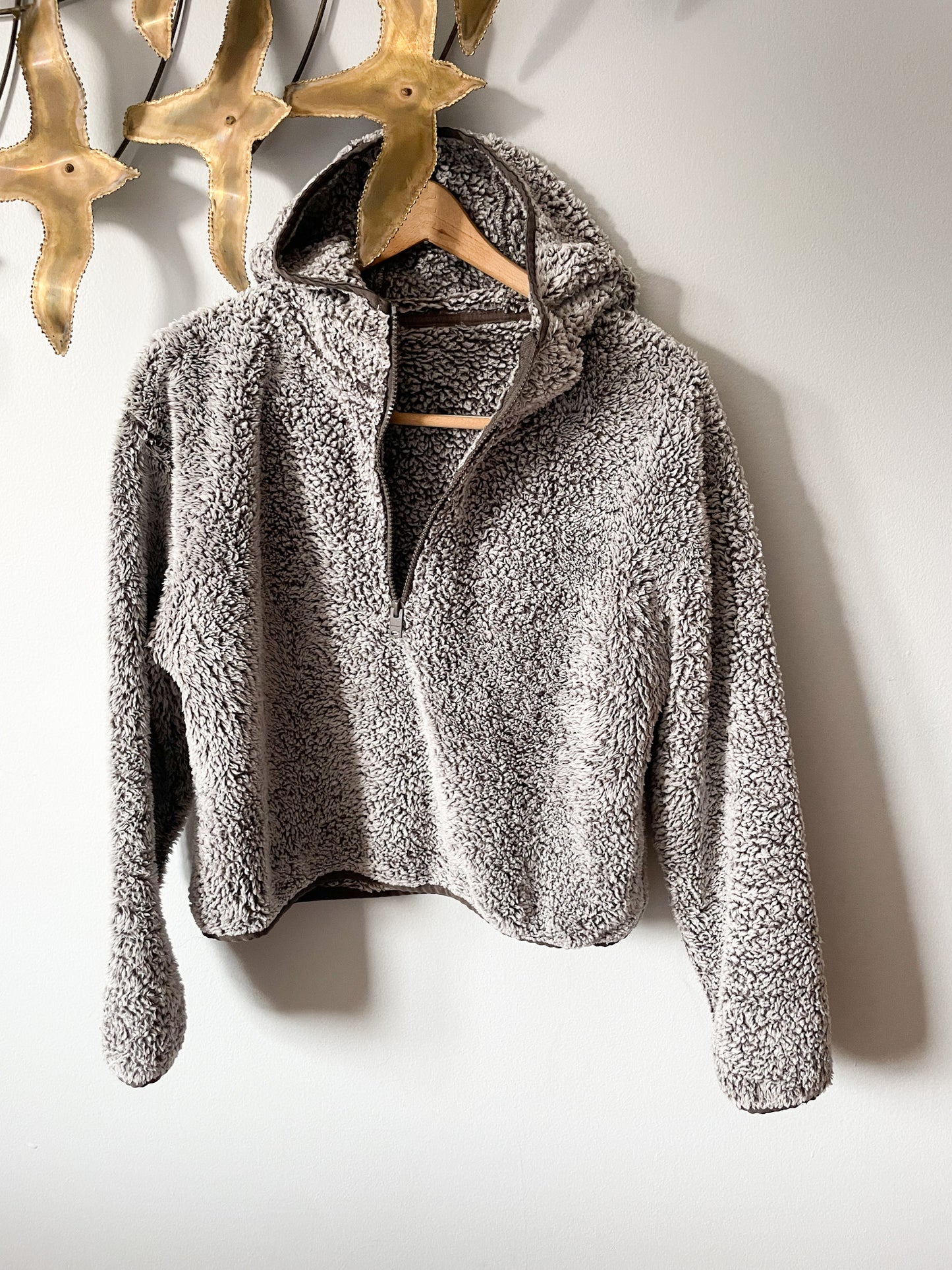 Grey Teddy Half Zip Cropped Hoodie Sweater - M/L