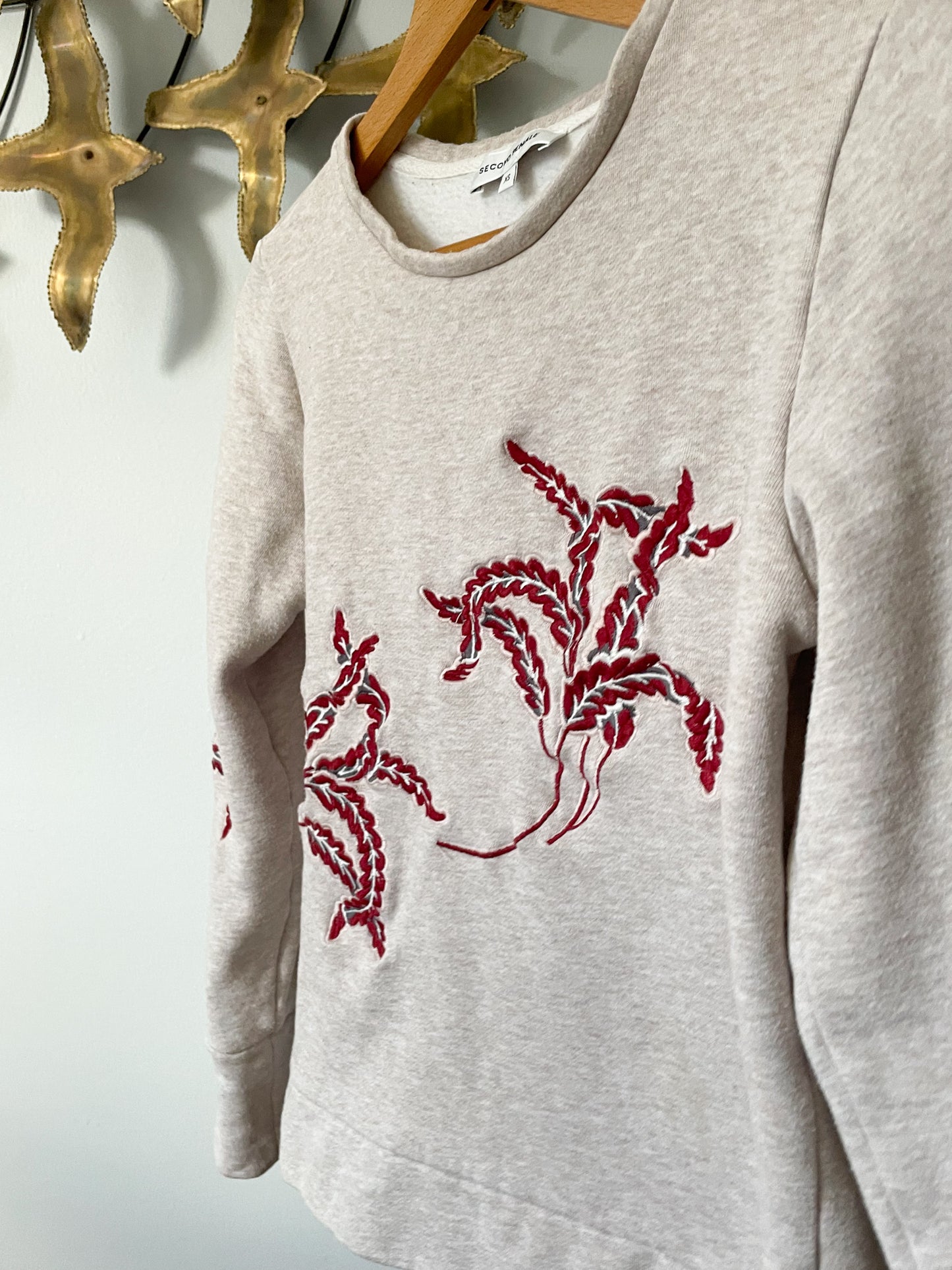 Second Female Danish Beige Red Leaf Embroidered Pullover Sweater - XS/S