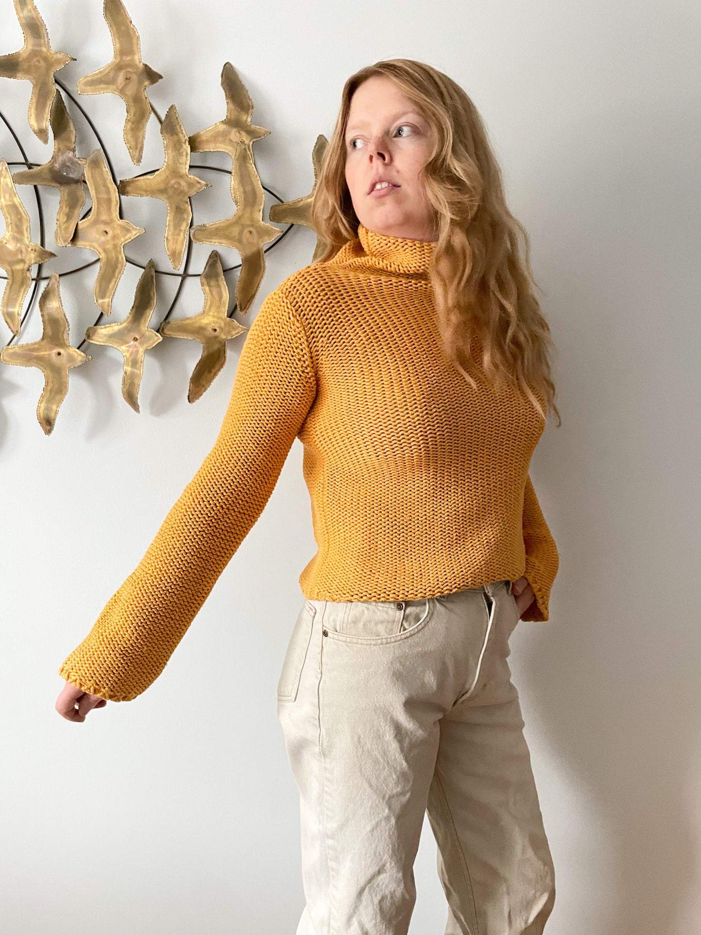 Vintage Holt Renfrew Yellow Knit 100% Cotton Turtleneck Sweater - S/M
