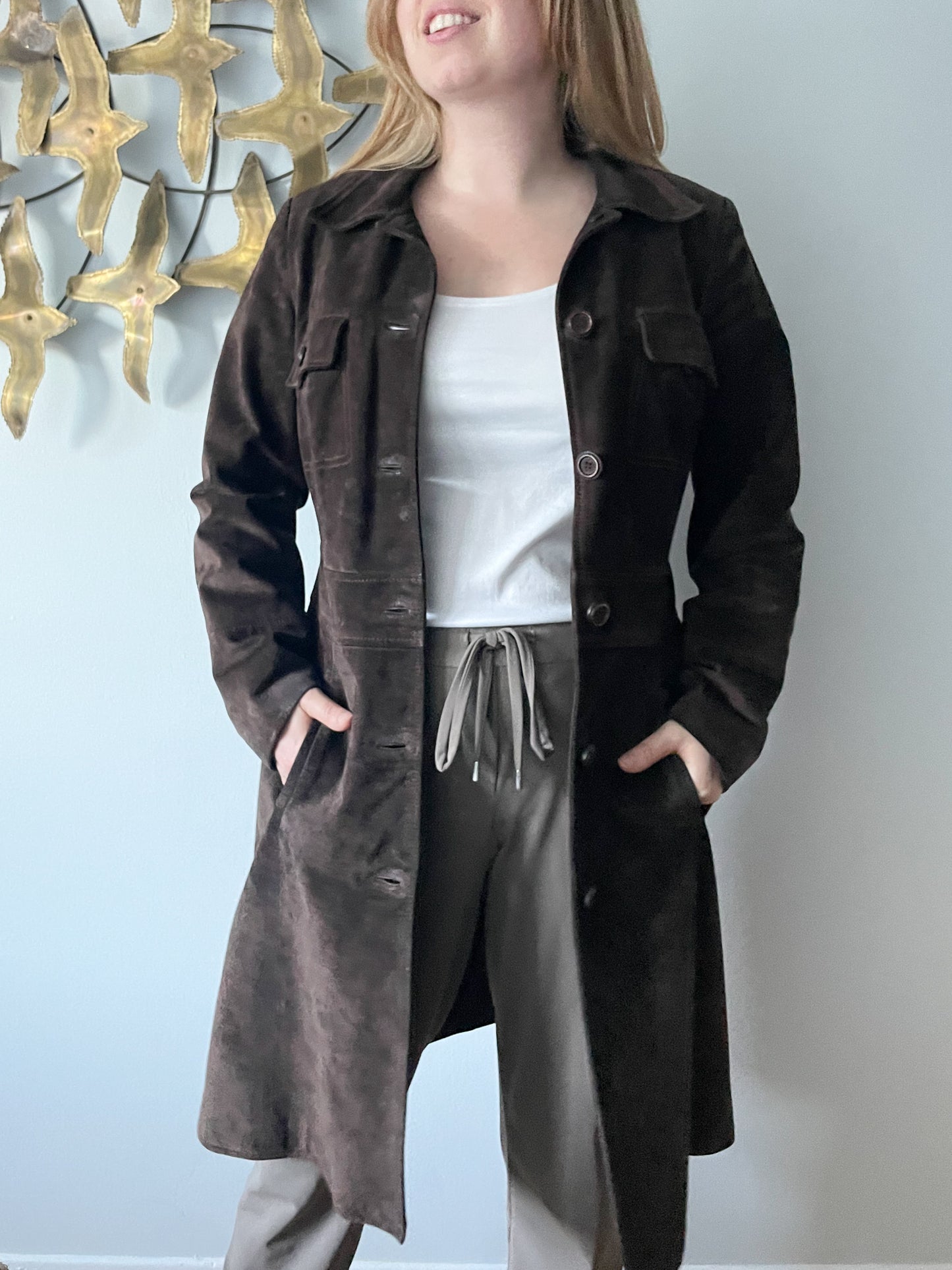 M&S Chocolate Brown Genuine Suede Mid Length Jacket - S/M