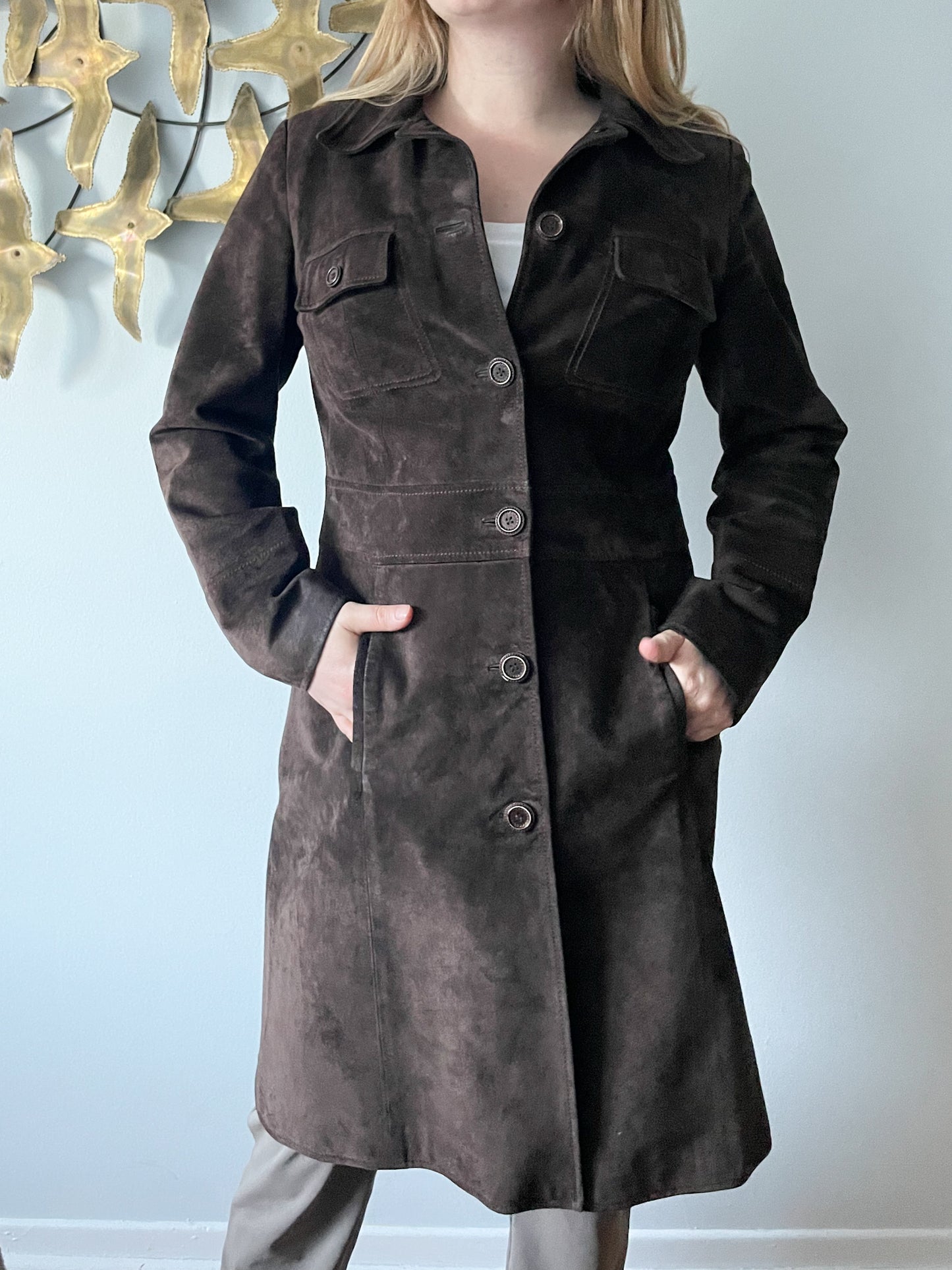 M&S Chocolate Brown Genuine Suede Mid Length Jacket - S/M
