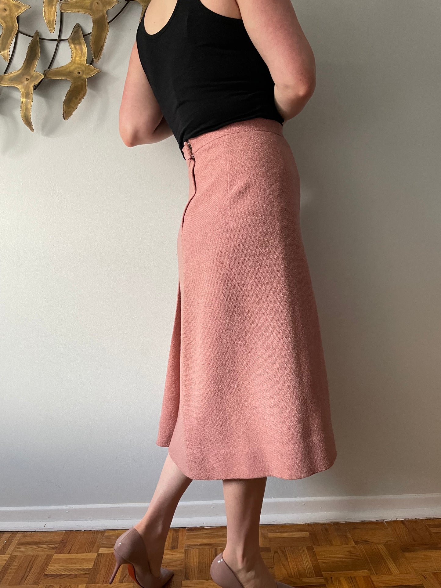 Vintage Soft Pink Woven A-Line Midi Skirt - Small