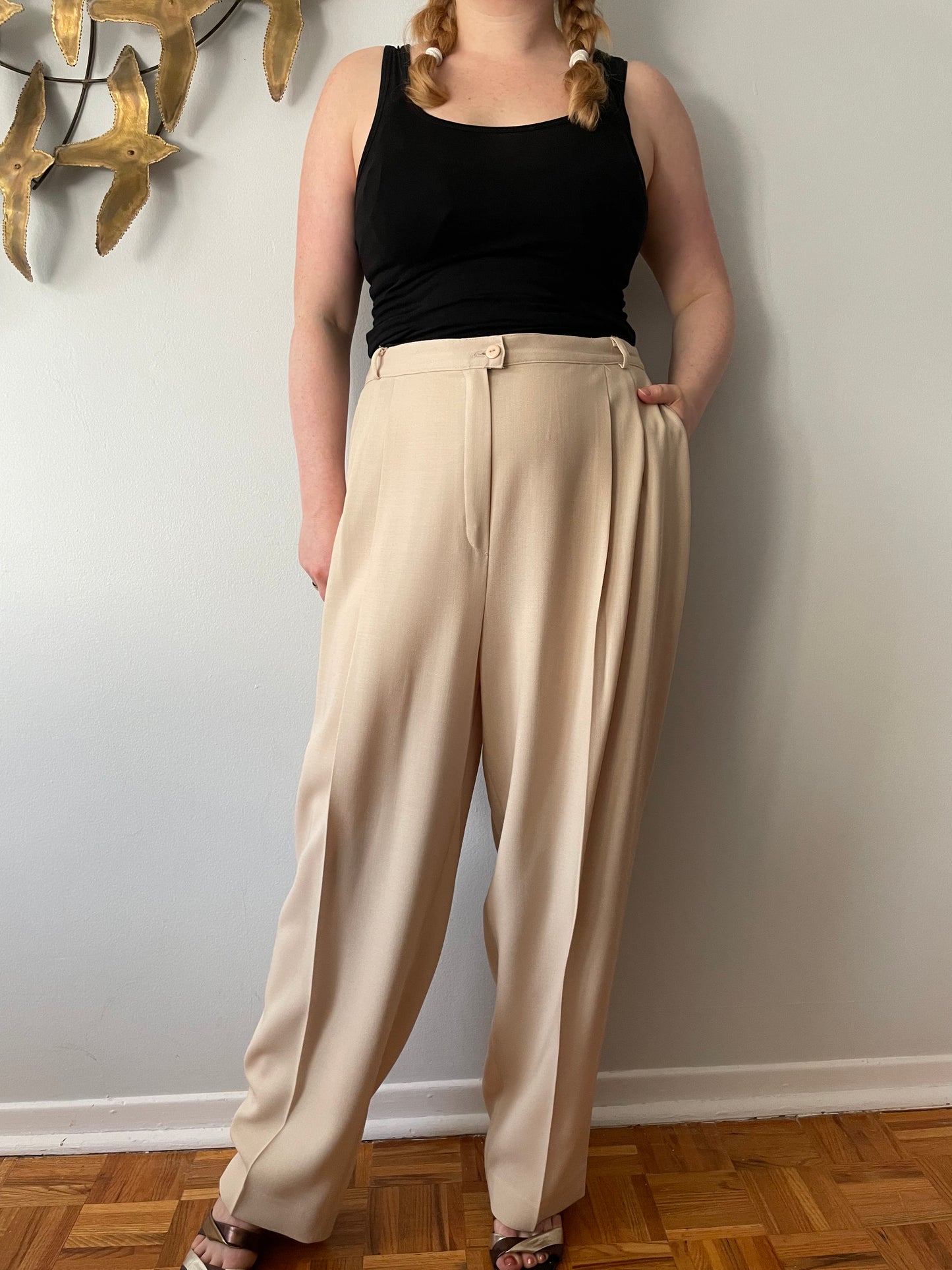 Peter Nygard Sand Beige 100% Virgin Wool High Rise Wide Leg Trouser Pants - Large