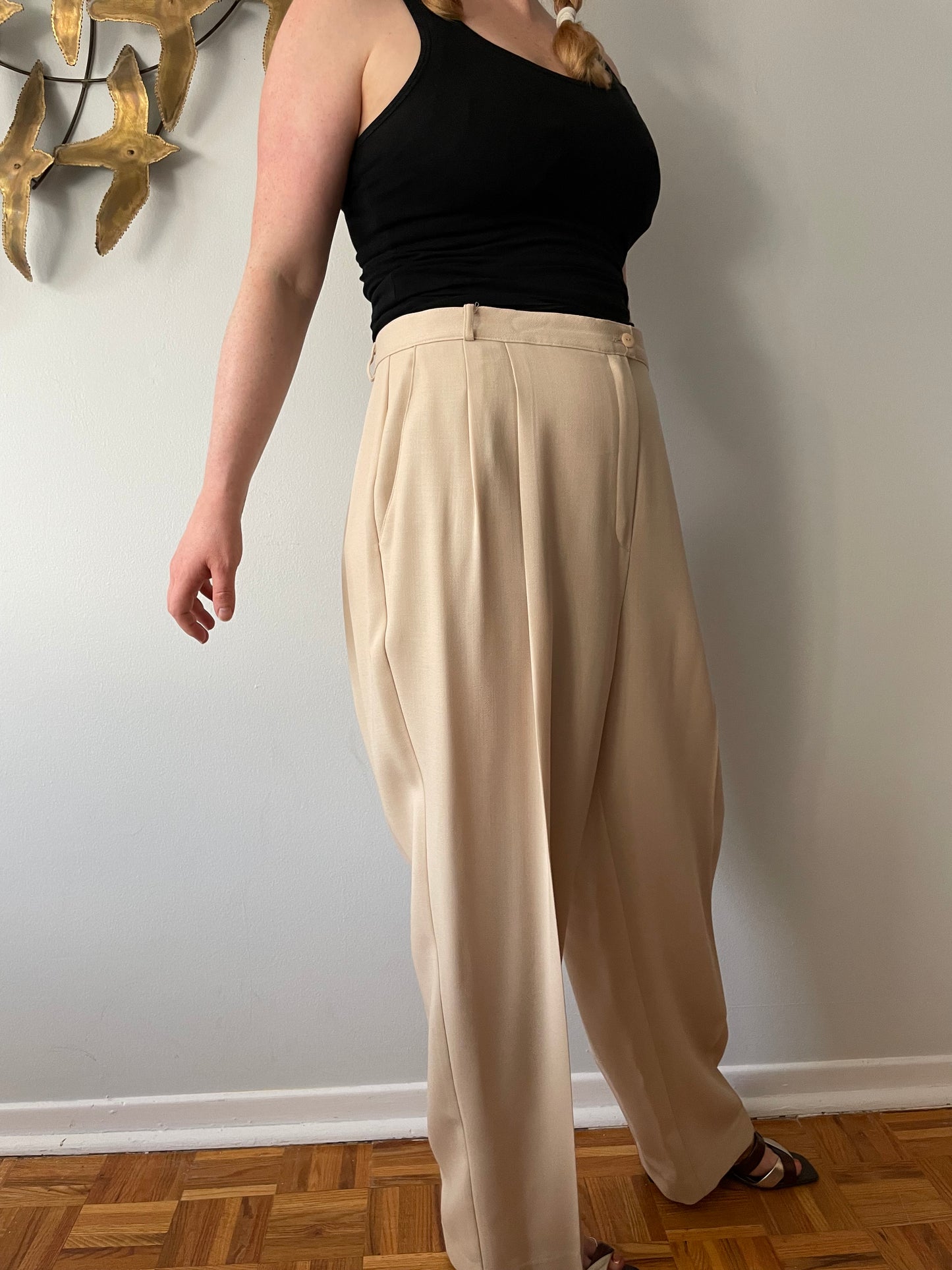 Peter Nygard Sand Beige 100% Virgin Wool High Rise Wide Leg Trouser Pants - Large