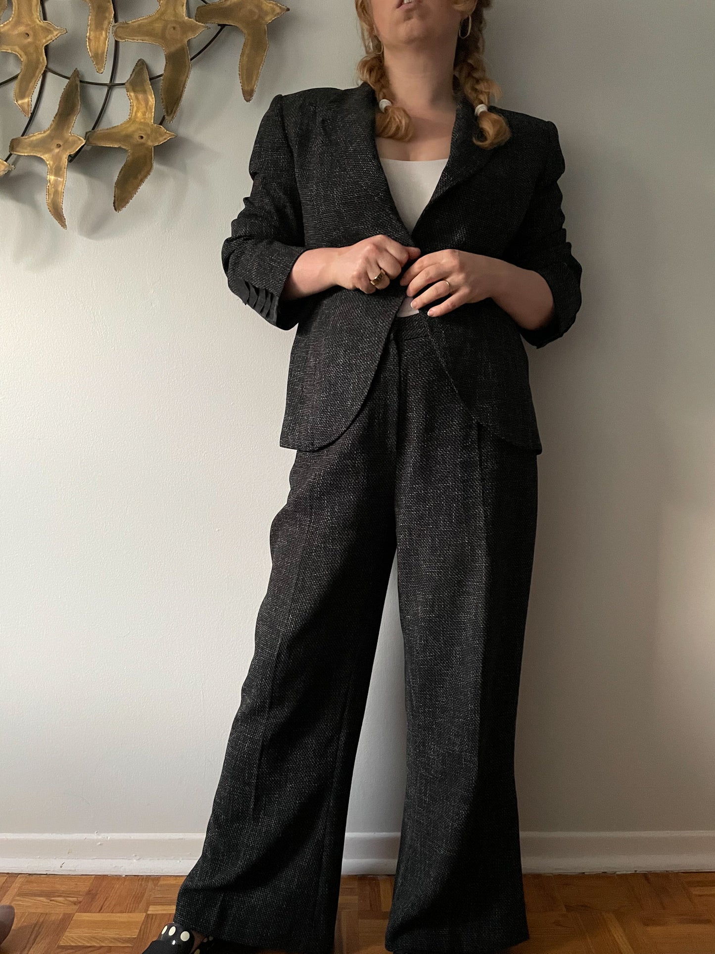 Saint-Honore Paris Black Woven Satin Trim Suit Blazer - Medium