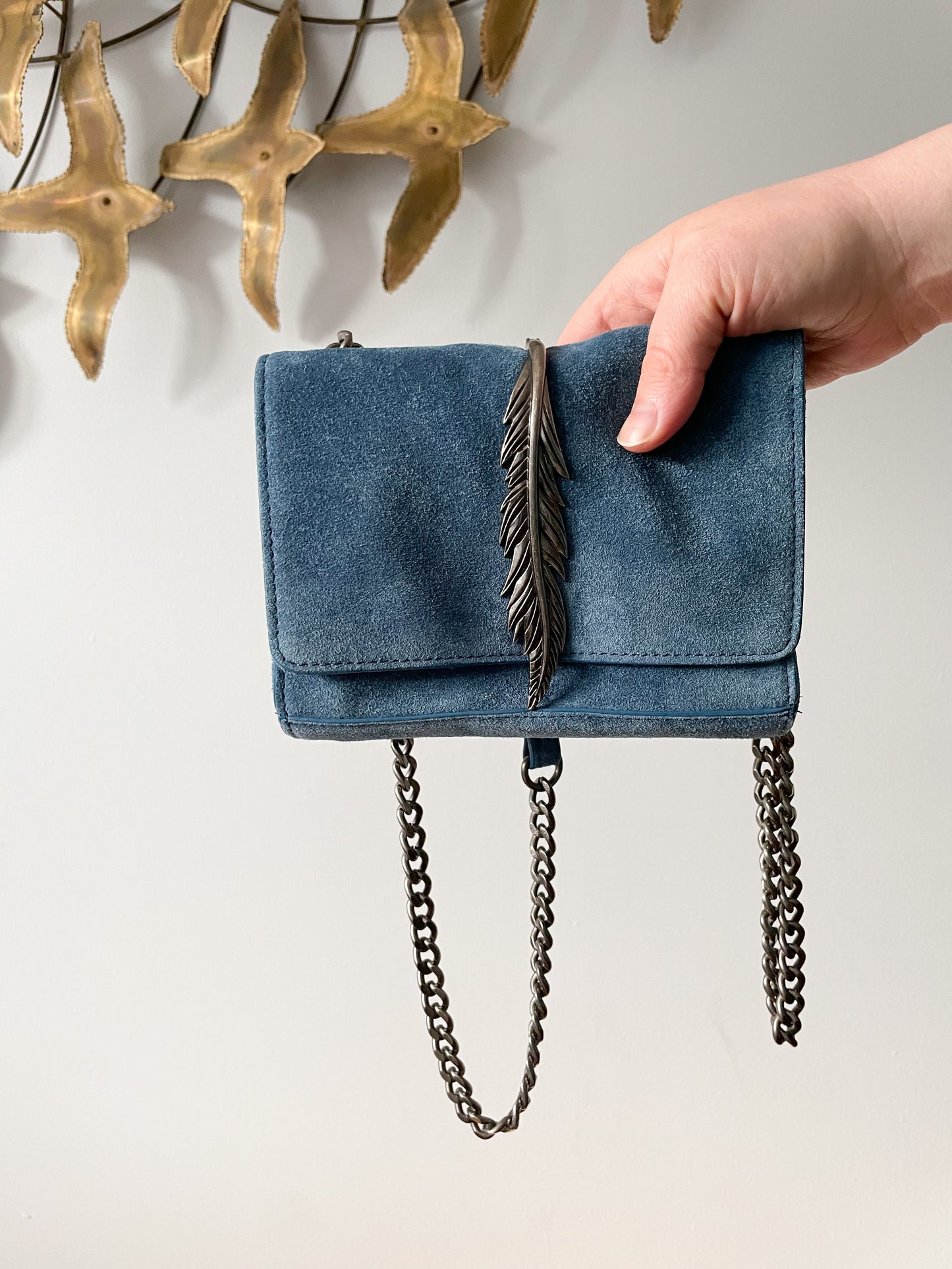 Zara Blue Genuine Suede Chain Feather Crossbody Shoulder Bag