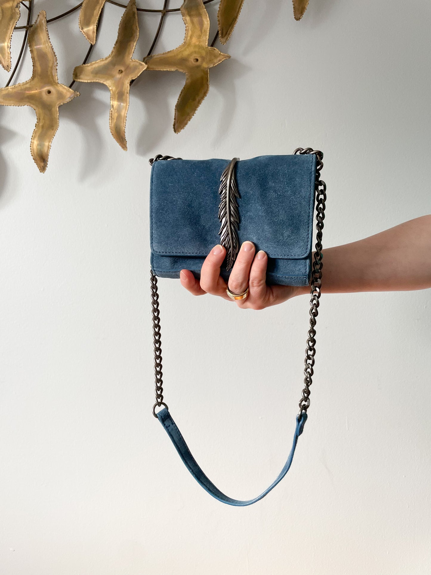 Zara Blue Genuine Suede Chain Feather Crossbody Shoulder Bag