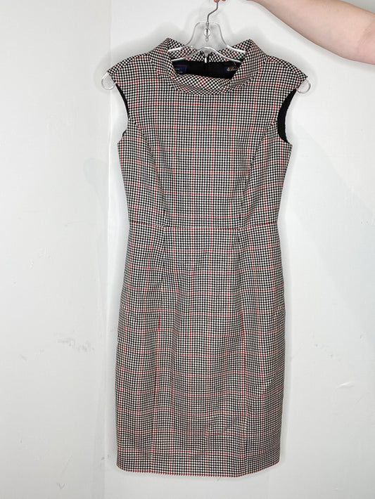 Brooks Brothers Black Red Houndstooth Collared Wool Sheath Sleeveless Dress - Size 0 Petite