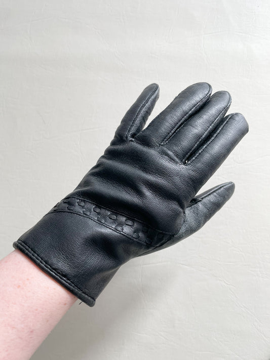 Black Genuine Leather Fur Lined Gloves With Weaving Detail