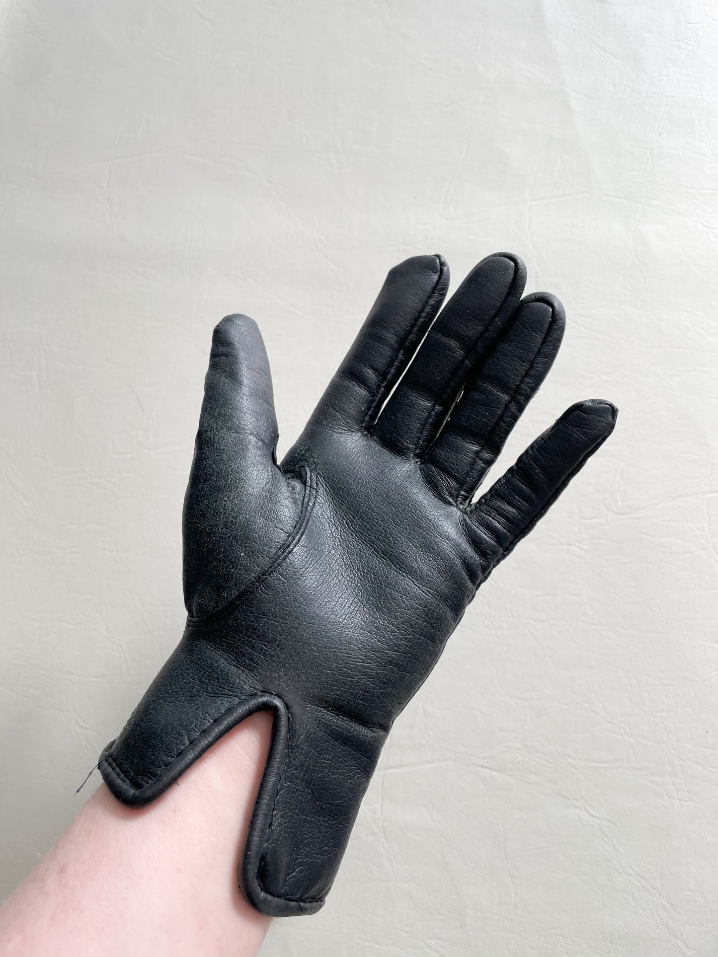 Black Genuine Leather Fur Lined Gloves With Weaving Detail
