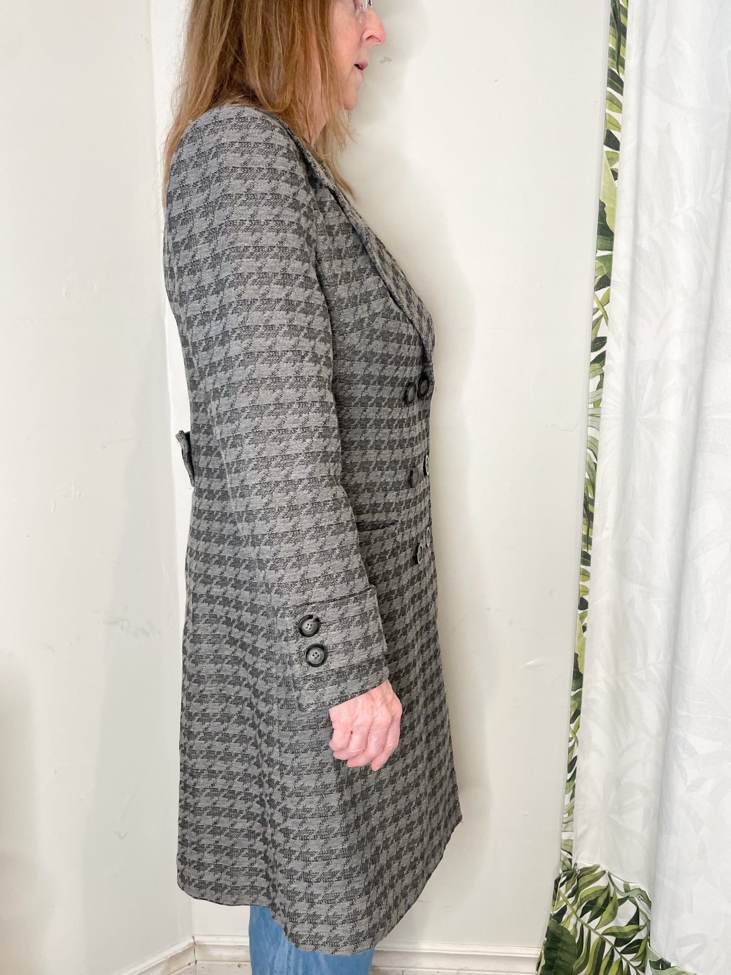 Lundstrom Collection Grey Houndstooth Double Breasted Trench Wool Blend Coat - Size 10