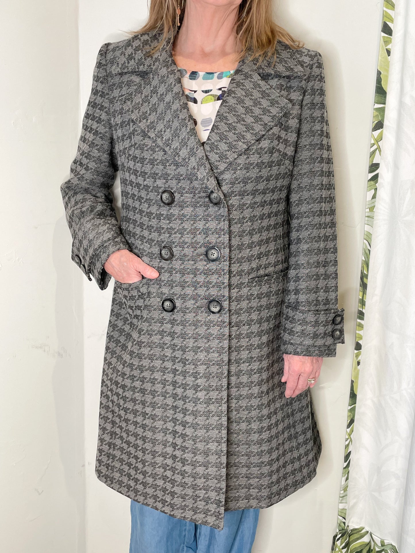 Lundstrom Collection Grey Houndstooth Double Breasted Trench Wool Blend Coat - Size 10