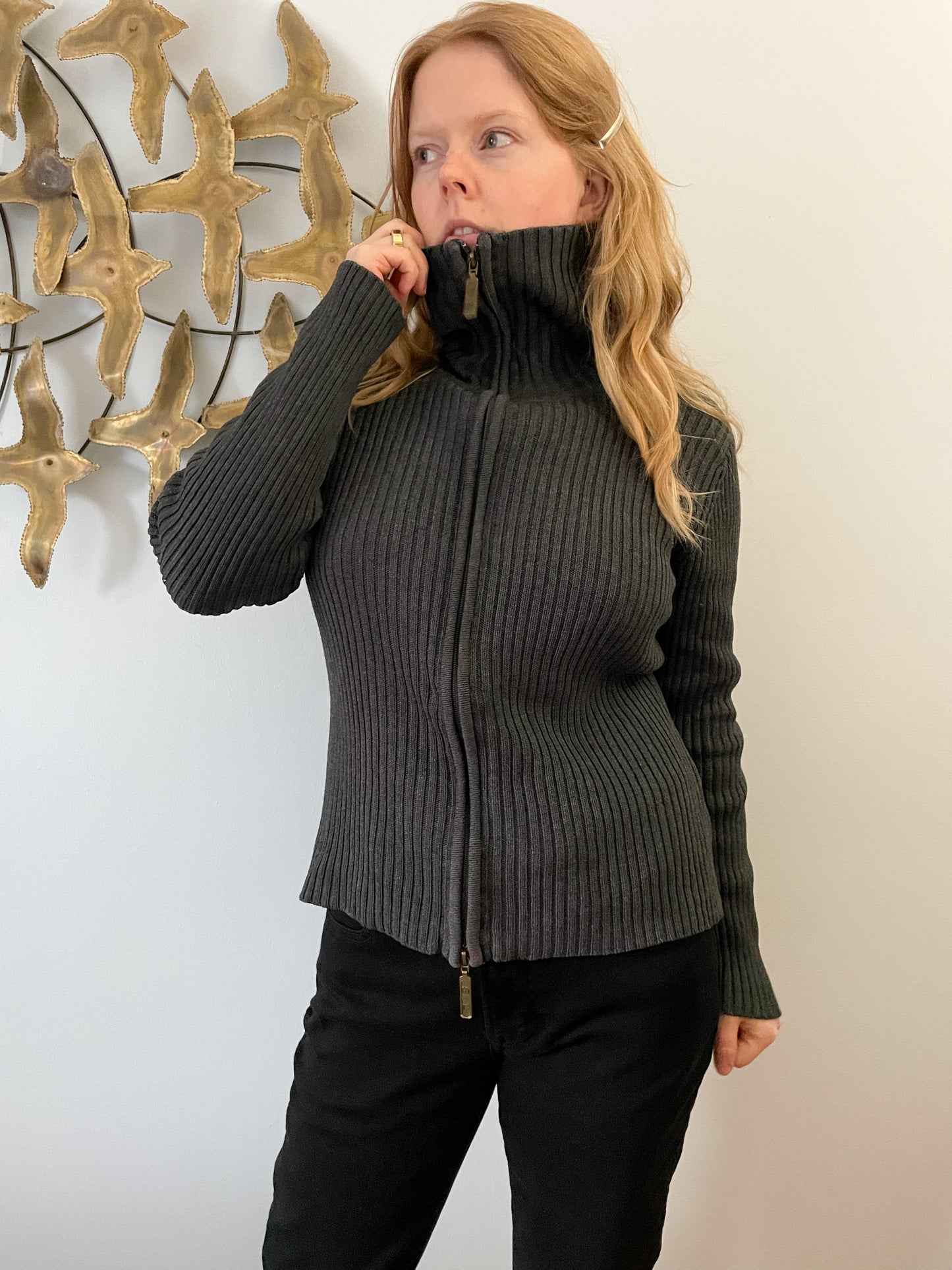 Charcoal Grey Ribbed Cotton Zip Up Sweater - M/L