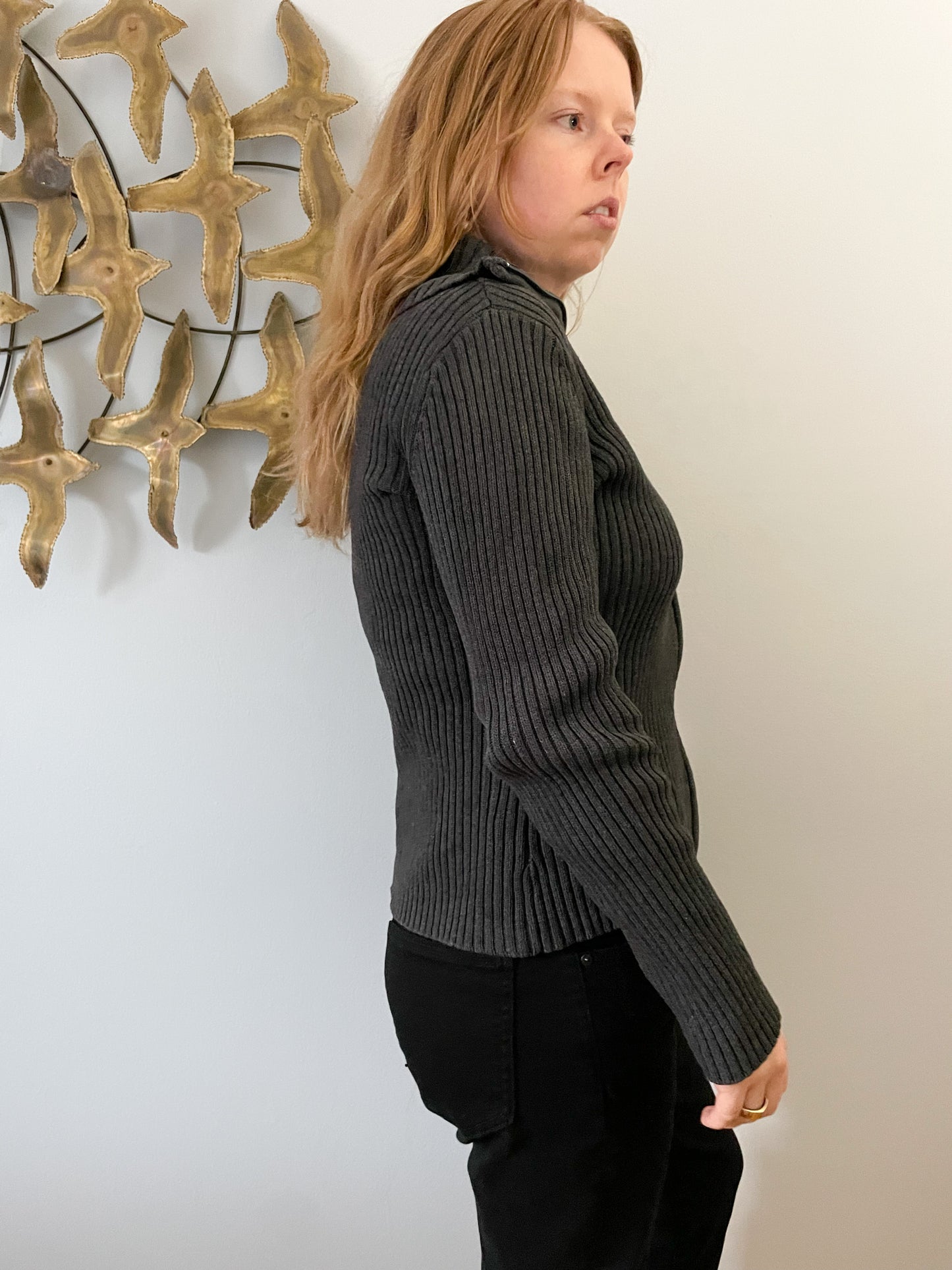 Charcoal Grey Ribbed Cotton Zip Up Sweater - M/L