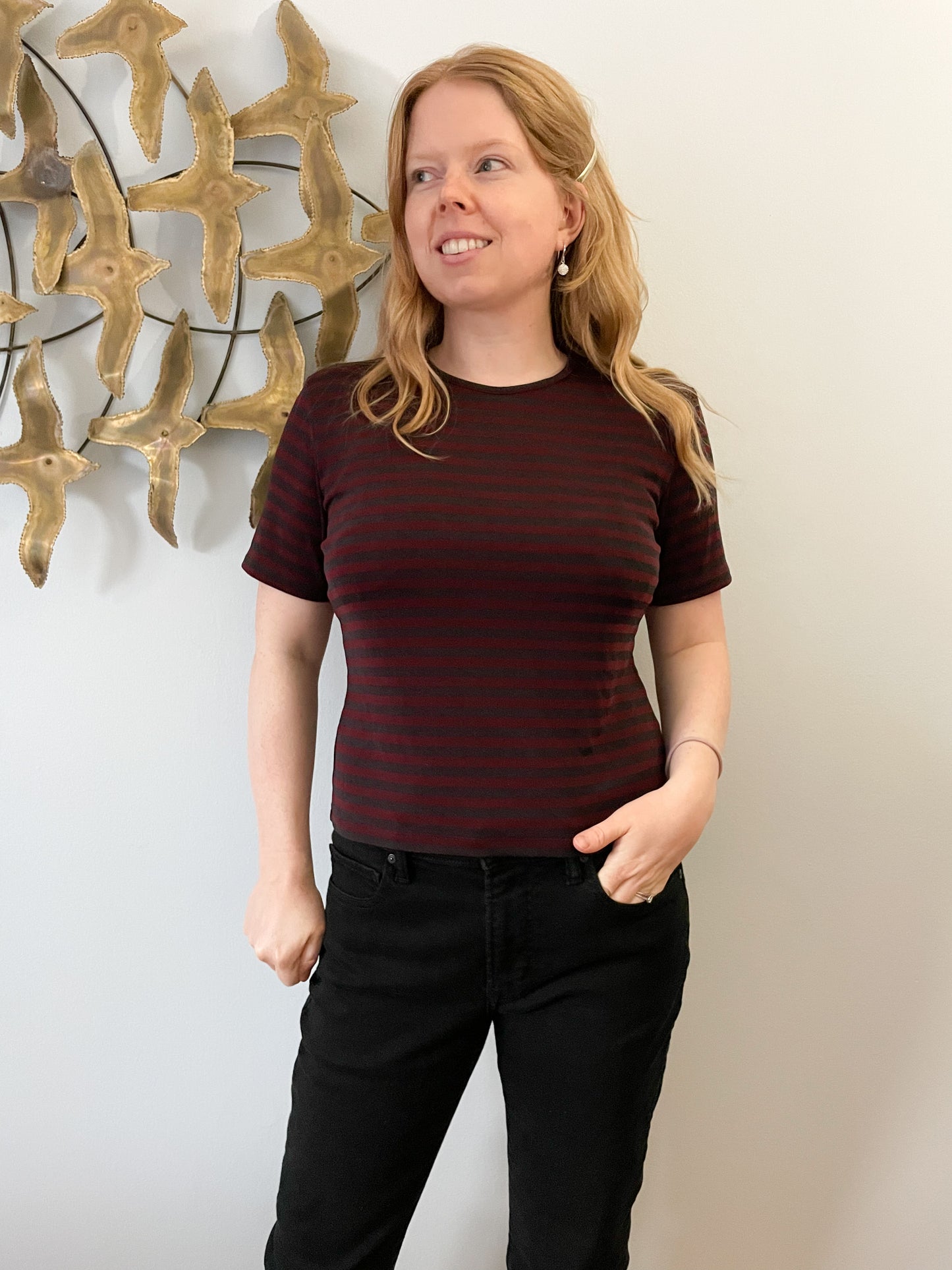 Vintage Kasper Wine Red Black Stripe Stretch Top - Size 10 Petite