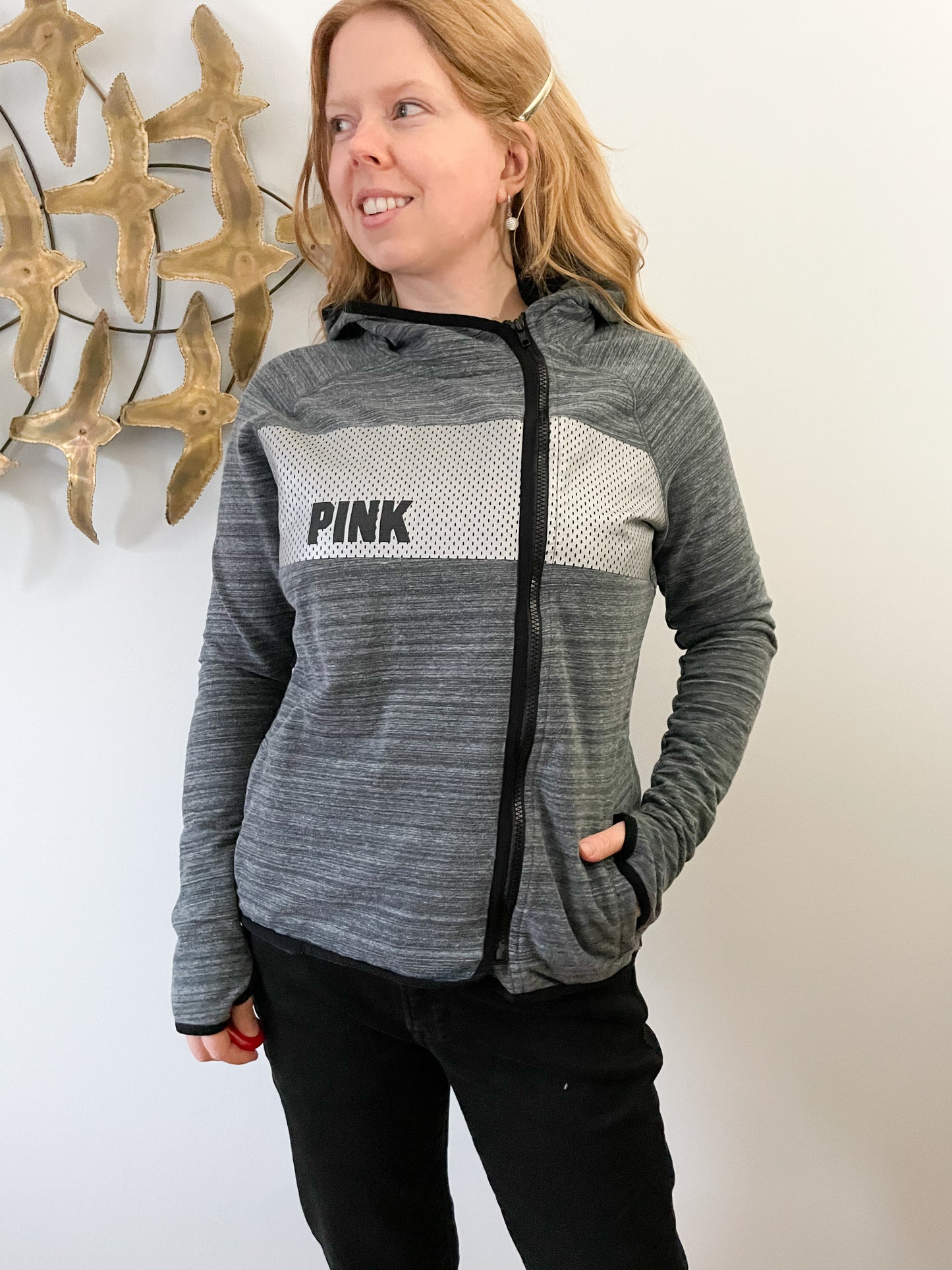 PINK Victoria's Secret Grey Asymmetrical Zipper Hoodie Sweater - S/M