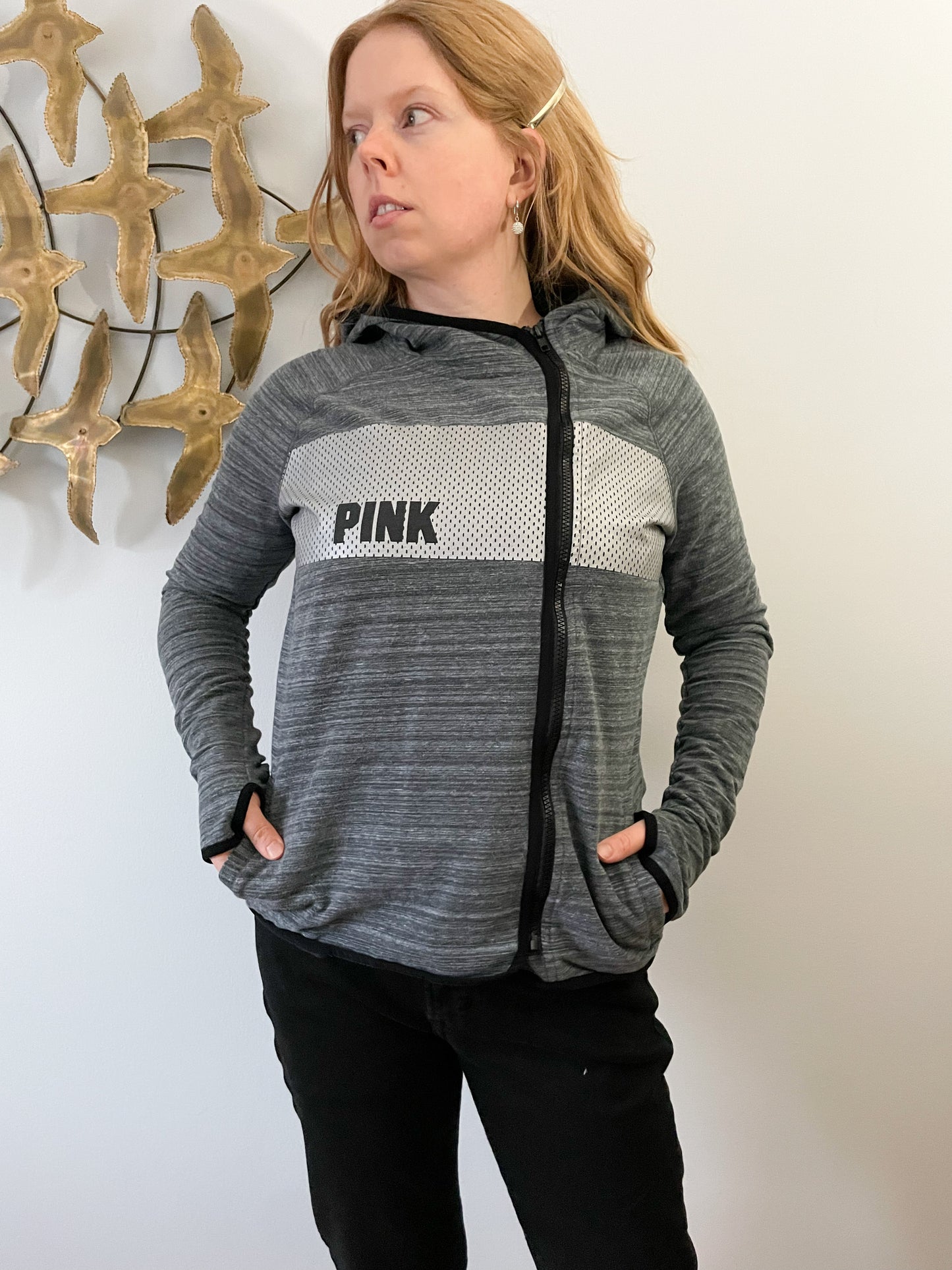 PINK Victoria's Secret Grey Asymmetrical Zipper Hoodie Sweater - S