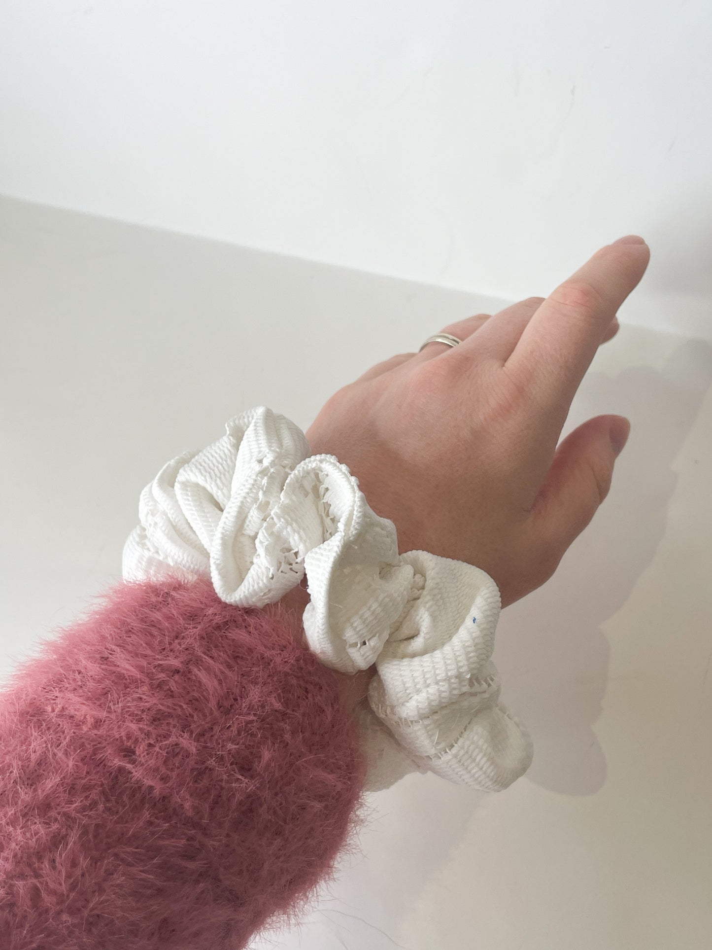 White Cotton Lace Knit Upcycled Hair Scrunchie
