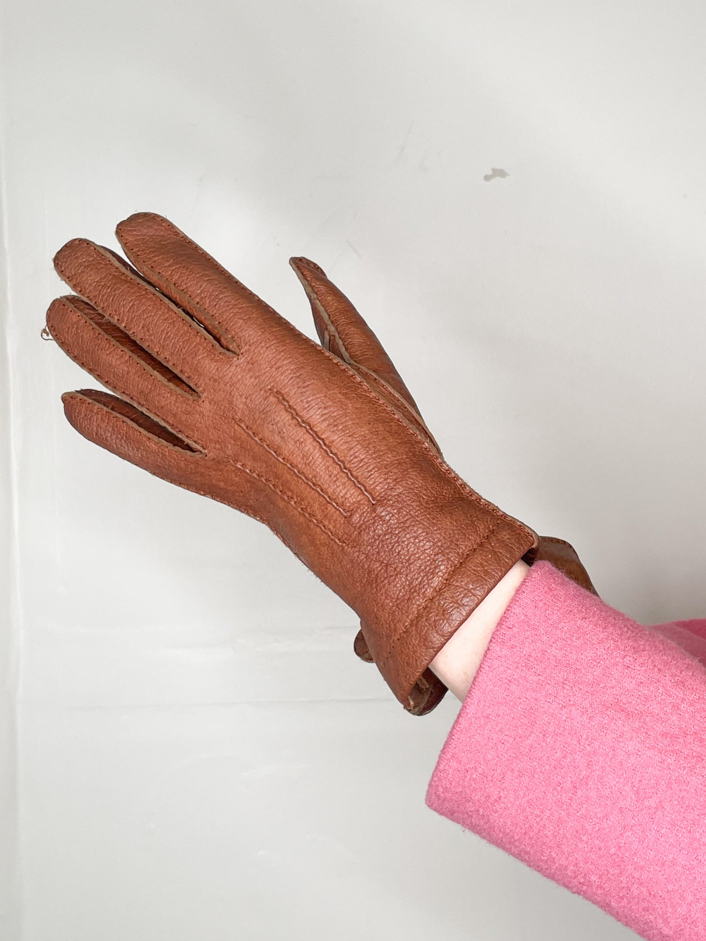 Vintage Brown Genuine Leather Wool Lined Gloves - Size 7