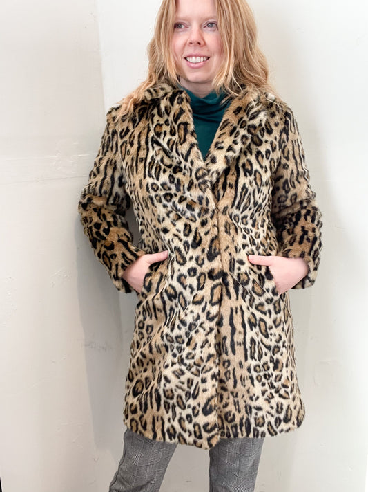LINE Cheetah Print Faux Fur Long Jacket - XS/S