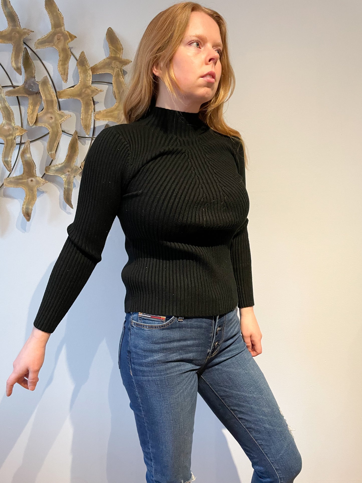 Black Mock Neck Ribbed Stretch Knit Sweater - M/L