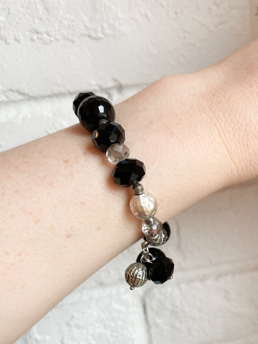 Black Silver Crystal Bauble Stretch Bracelet