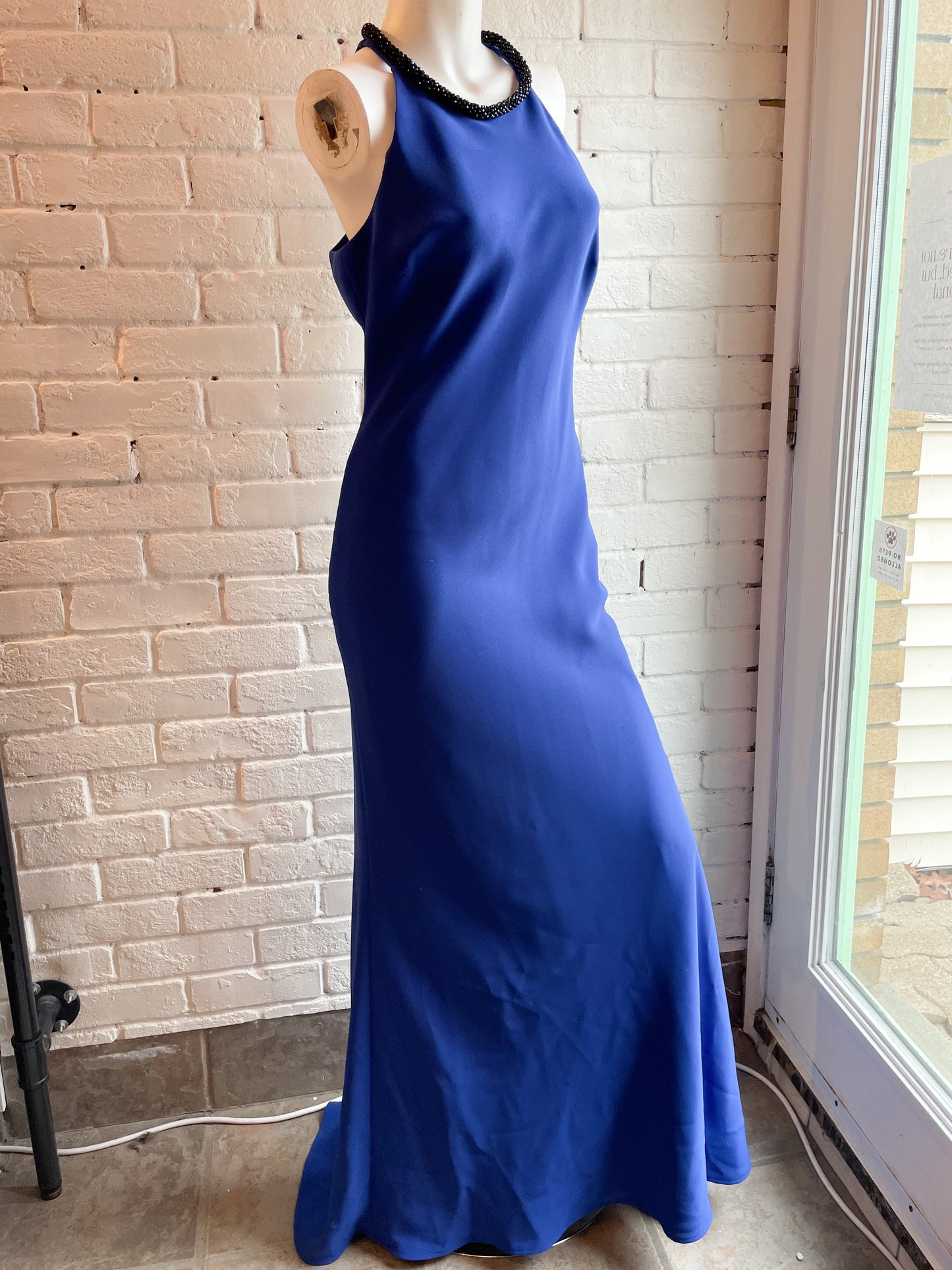 Calvin Klein Royal Blue Halter Beaded Neck Maxi Sheath Dress with Chapel Train - Size 4