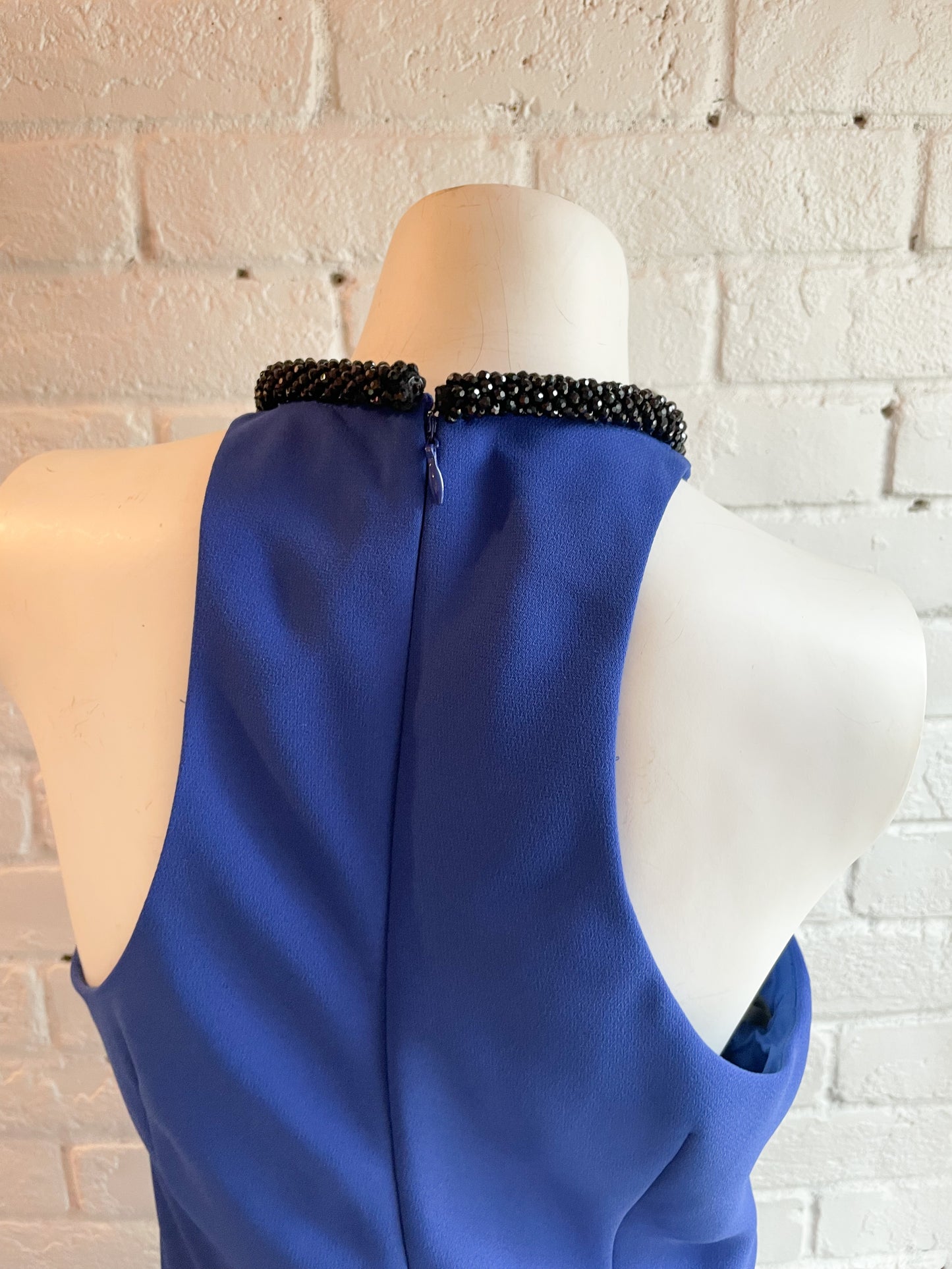 Calvin Klein Royal Blue Halter Beaded Neck Maxi Sheath Dress with Chapel Train - Size 4