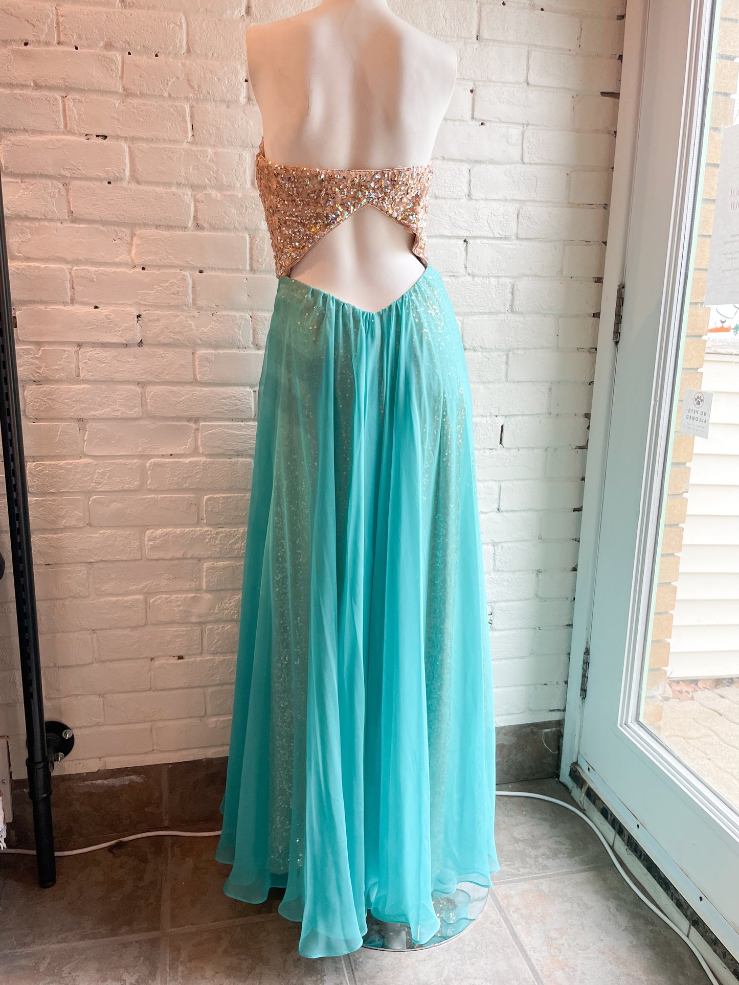 La Femme Champagne Sequin Strapless Turquoise Chiffon Flutter Hem Maxi Dress - Size 4