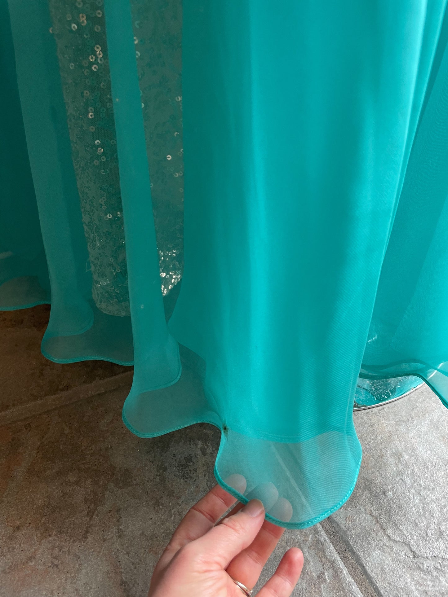 La Femme Champagne Sequin Strapless Turquoise Chiffon Flutter Hem Maxi Dress - Size 4