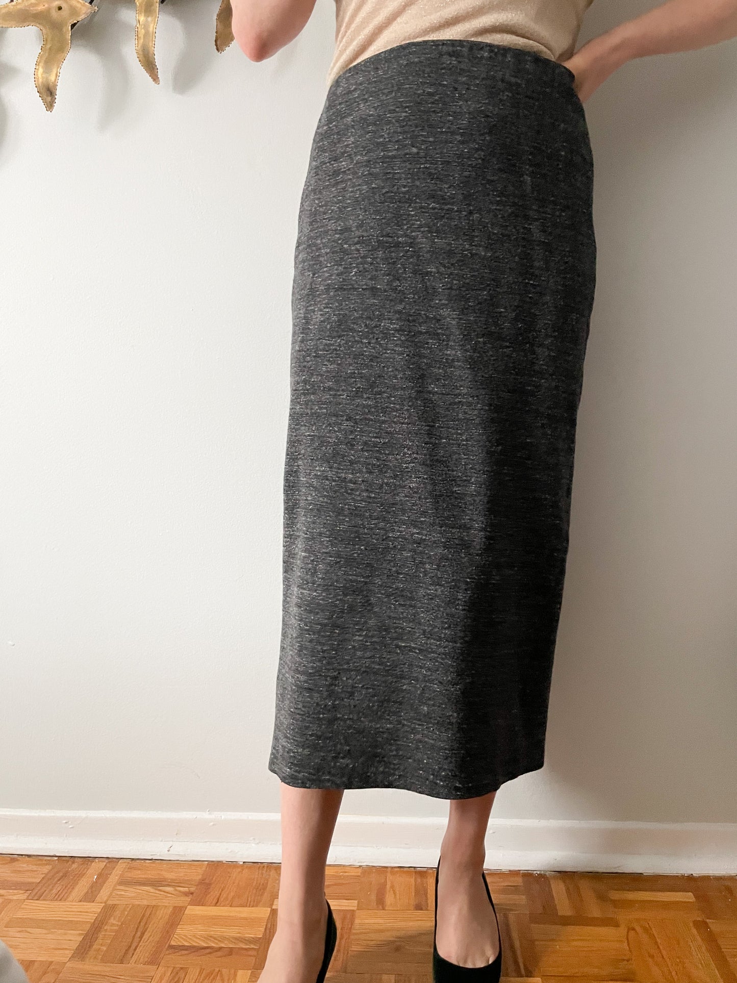 Zara Grey Stretch Knit Pencil Midi Skirt - Medium