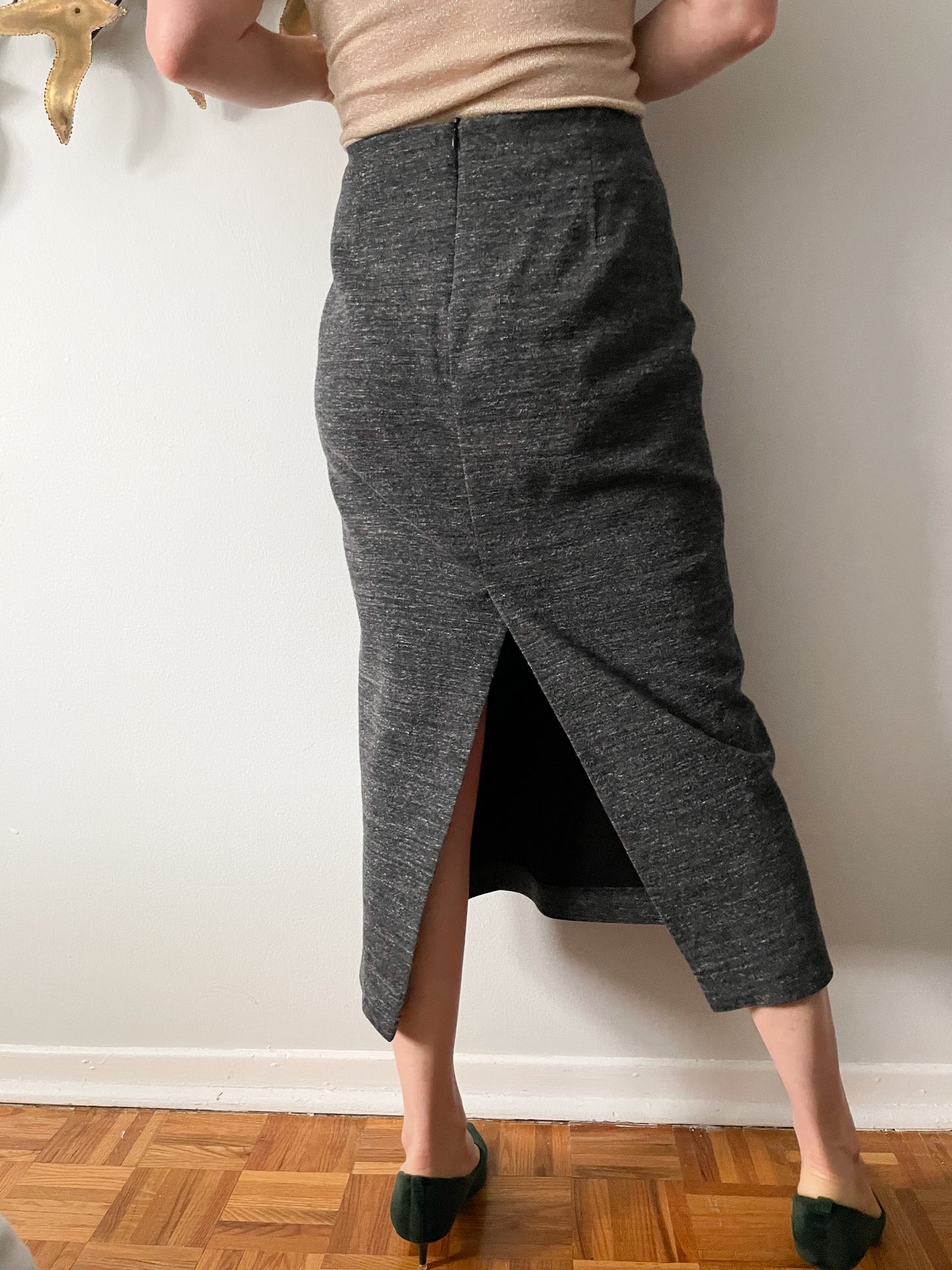 Zara Grey Stretch Knit Pencil Midi Skirt - Medium