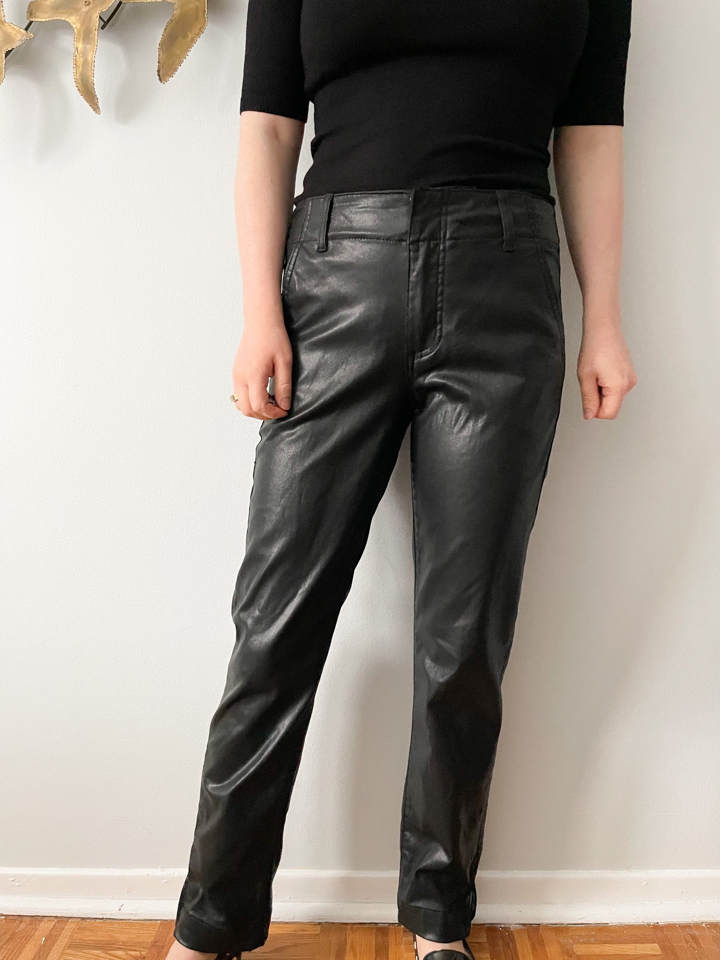 KUT Reese Black Glazed Faux Leather Look Mid Rise Ankle Straight Leg Pants - Size 8L