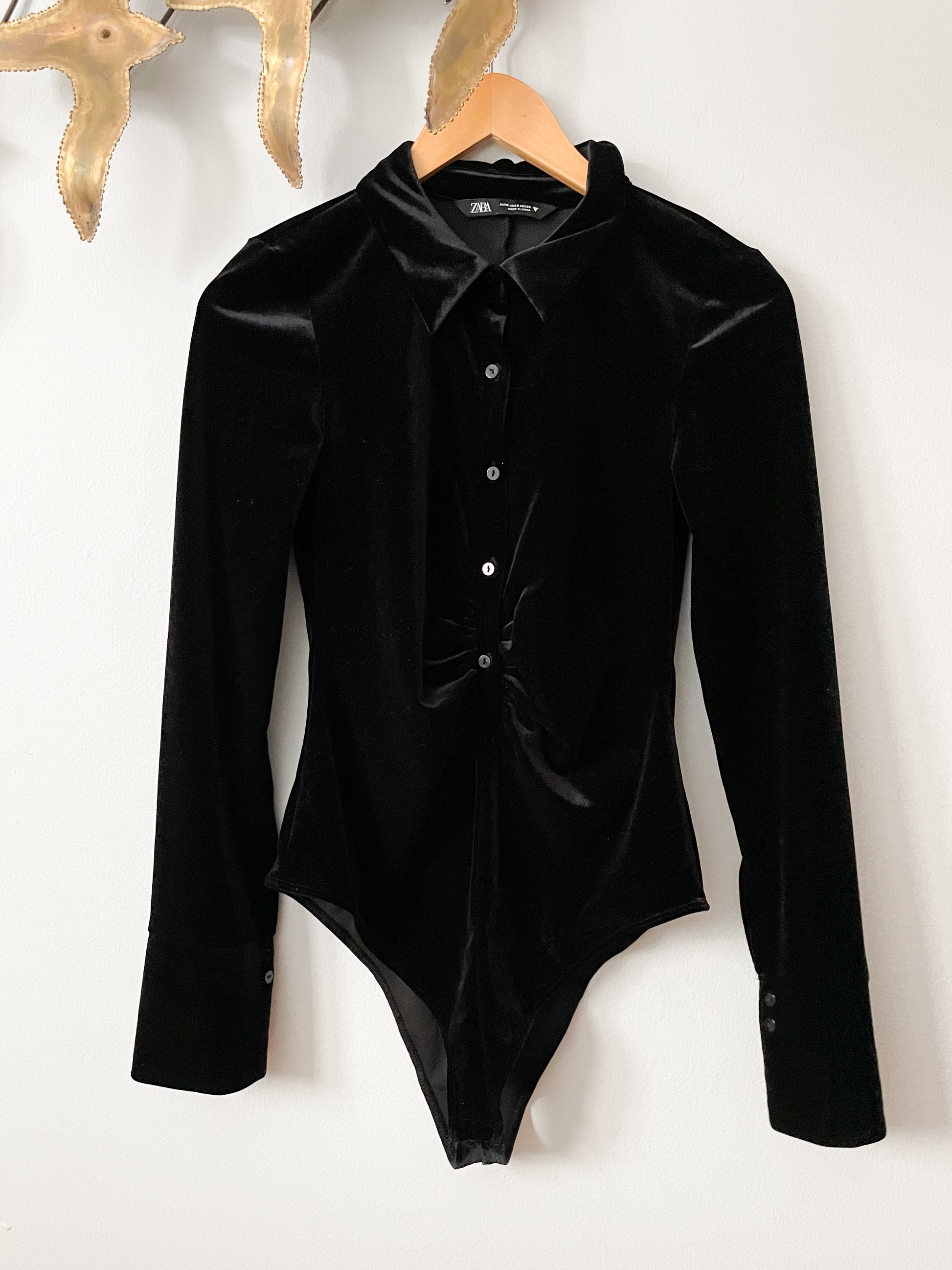 Zara Black Velvet Button Front Collared Rouched Stretch Long