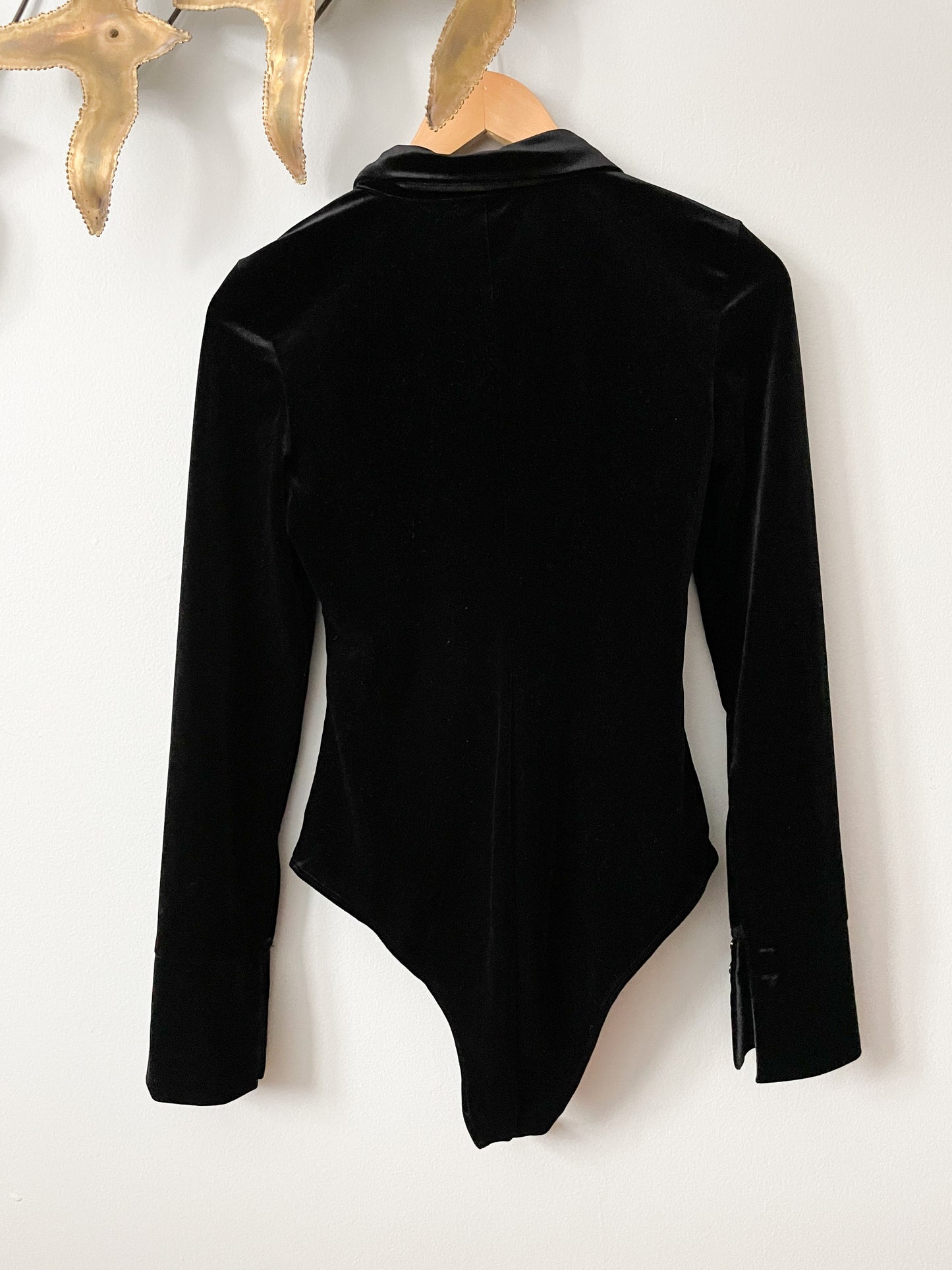 Zara Black Velvet Button Front Collared Rouched Stretch Long Sleeve Bodysuit - Small