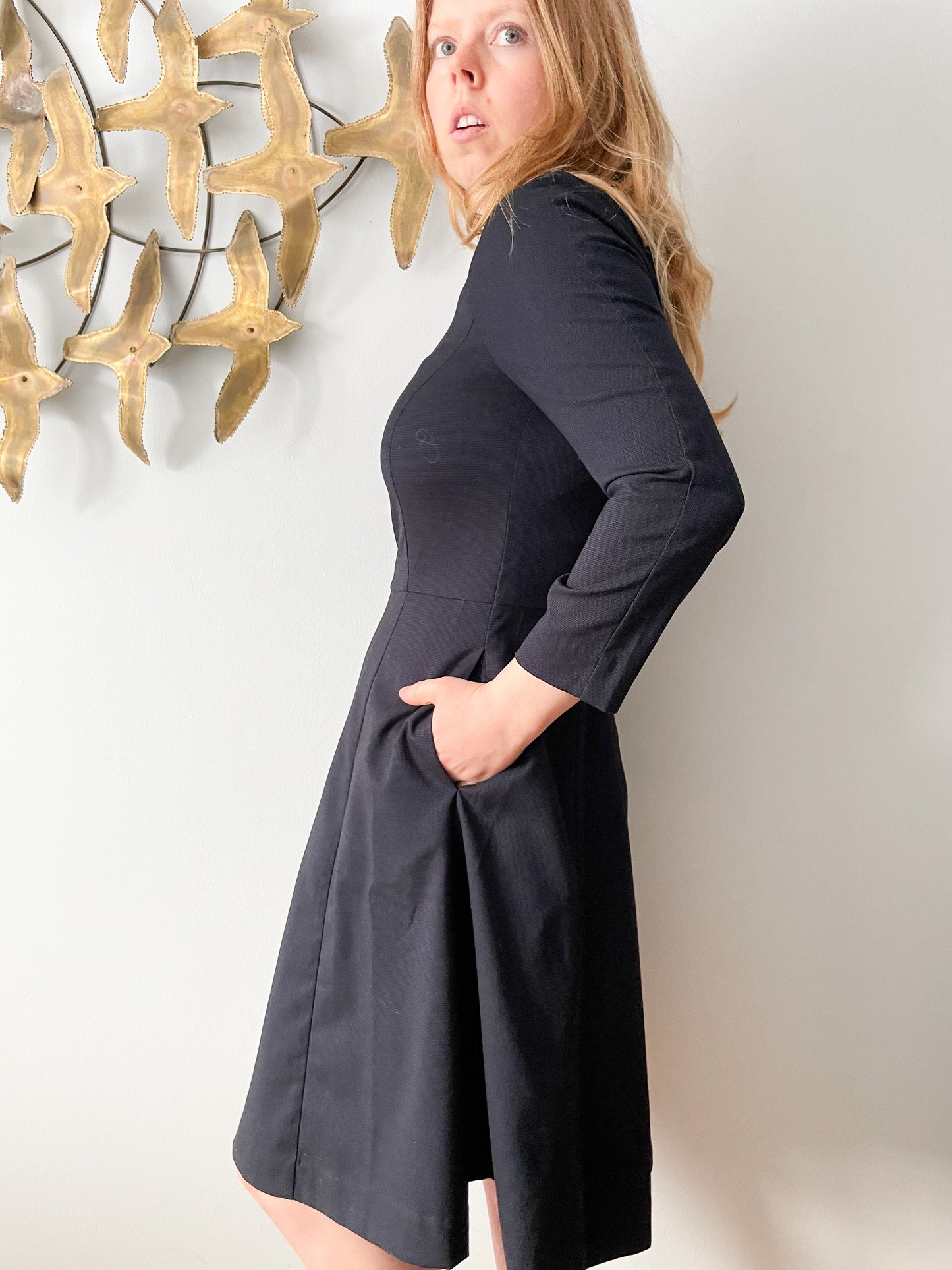 Navy Boat Neck 3/4 Sleeve Fit Flare Dress - Small